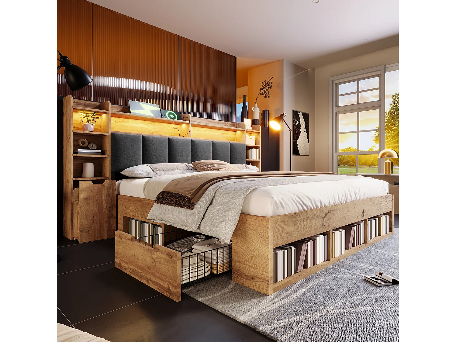 Lit coffre bois 160x200 cm, lit adulte double avec avec éclairage LED, tables de chevet avec ports USB et Type-C, tiroirs à roulettes, chêne
