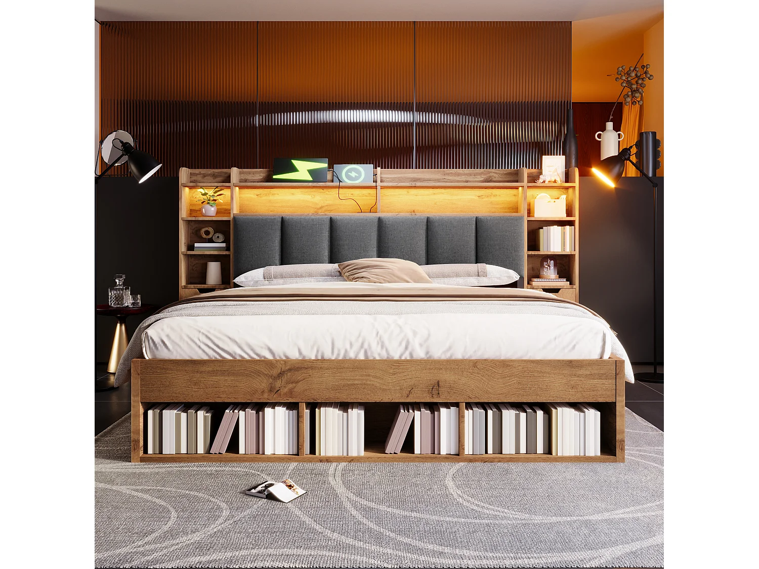 Lit coffre bois 160x200 cm, lit adulte double avec avec éclairage LED, tables de chevet avec ports USB et Type-C, tiroirs à roulettes, chêne