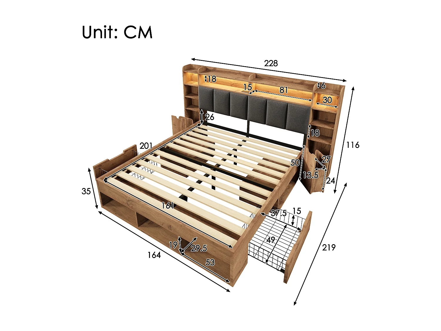 Lit coffre bois 160x200 cm, lit adulte double avec avec éclairage LED, tables de chevet avec ports USB et Type-C, tiroirs à roulettes, chêne