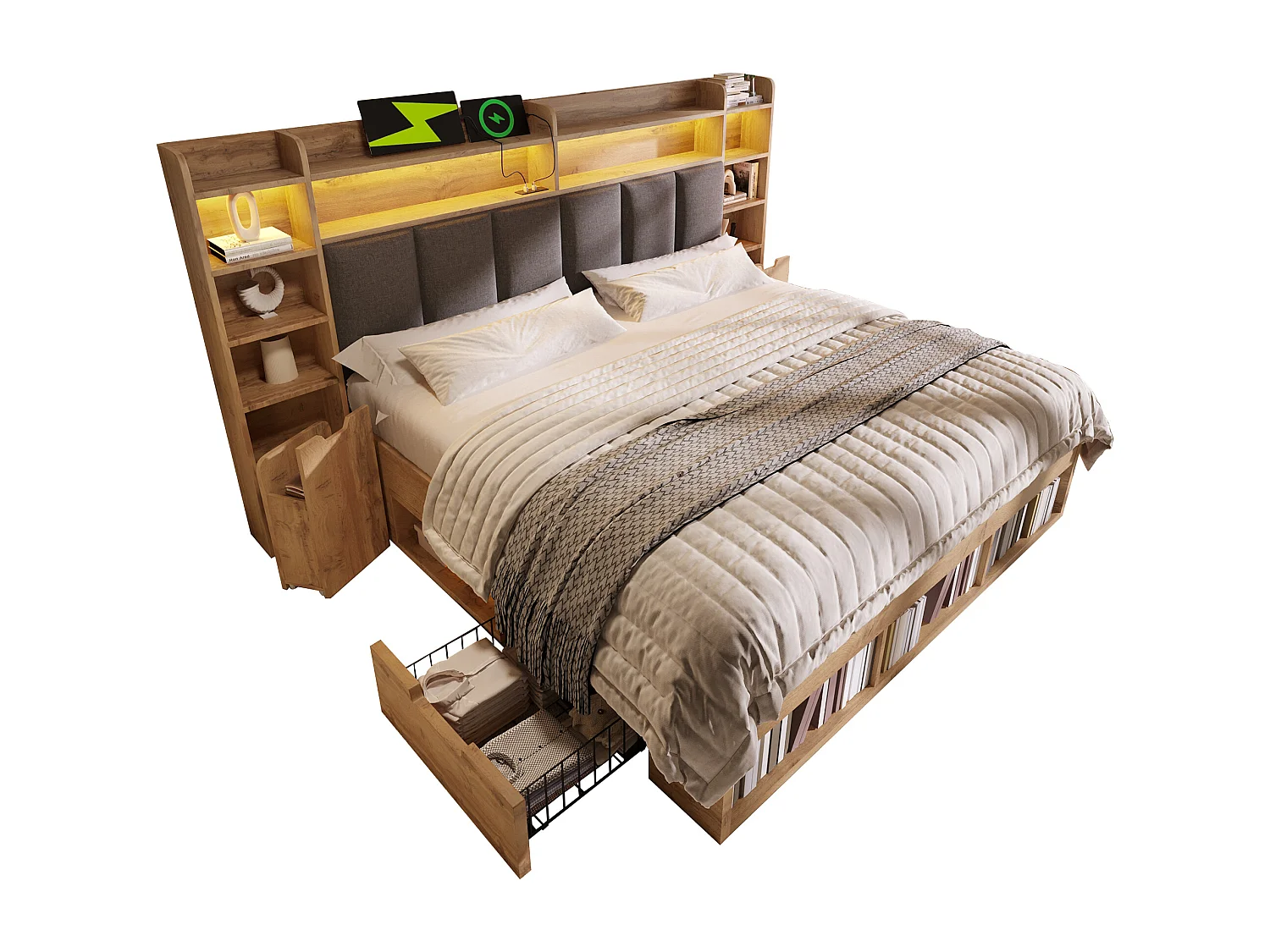 Lit coffre bois 160x200 cm, lit adulte double avec avec éclairage LED, tables de chevet avec ports USB et Type-C, tiroirs à roulettes, chêne