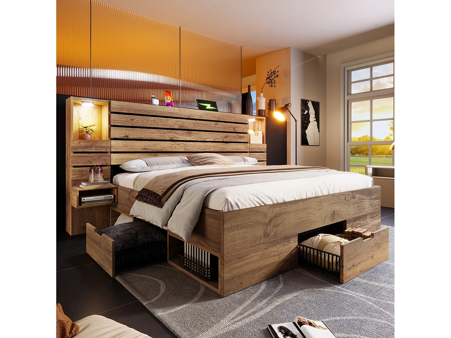 Lit coffre bois 160x200cm Lit double avec éclairage LED, USB-C et Tiroirs, Cadre de Lit avec Chevets Flottants ,  Chêne