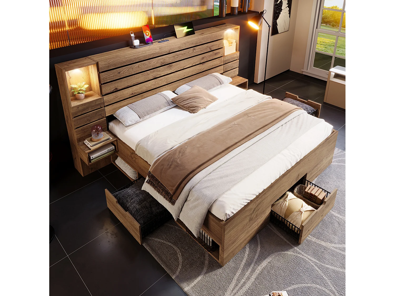 Lit coffre bois 160x200cm Lit double avec éclairage LED, USB-C et Tiroirs, Cadre de Lit avec Chevets Flottants ,  Chêne