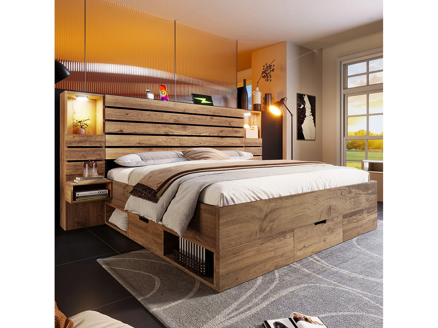 Lit coffre bois 160x200cm Lit double avec éclairage LED, USB-C et Tiroirs, Cadre de Lit avec Chevets Flottants ,  Chêne