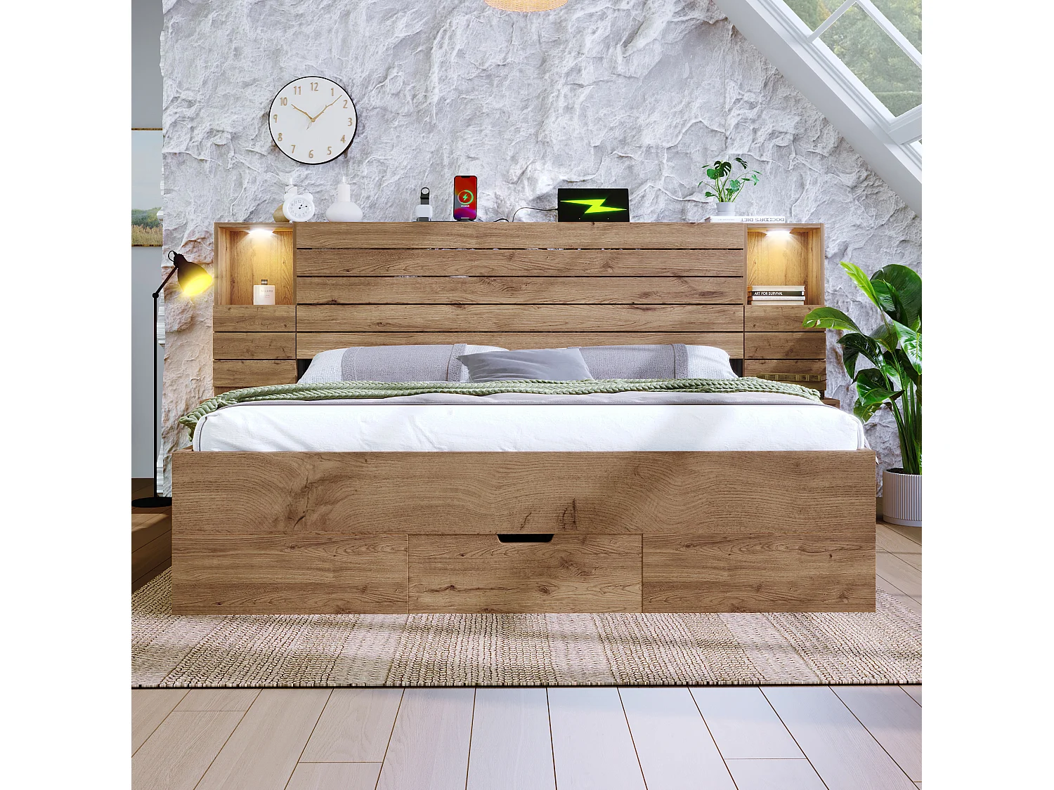 Lit coffre bois 160x200cm Lit double avec éclairage LED, USB-C et Tiroirs, Cadre de Lit avec Chevets Flottants ,  Chêne