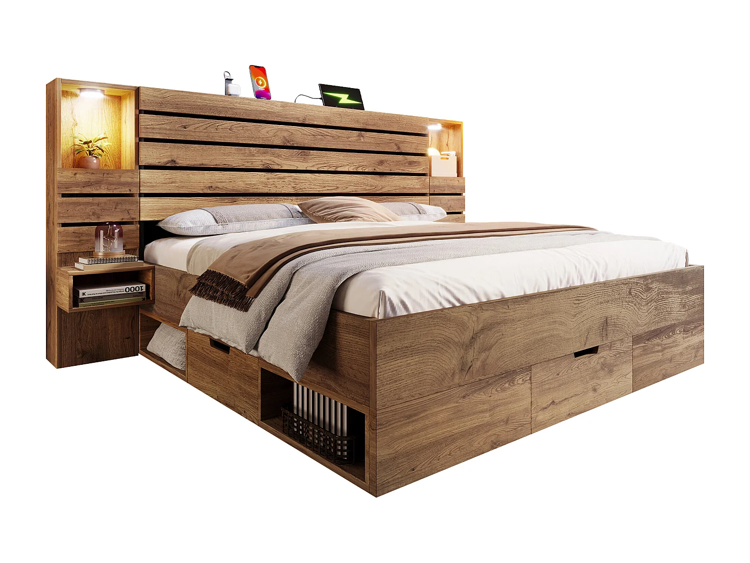Lit coffre bois 160x200cm Lit double avec éclairage LED, USB-C et Tiroirs, Cadre de Lit avec Chevets Flottants ,  Chêne