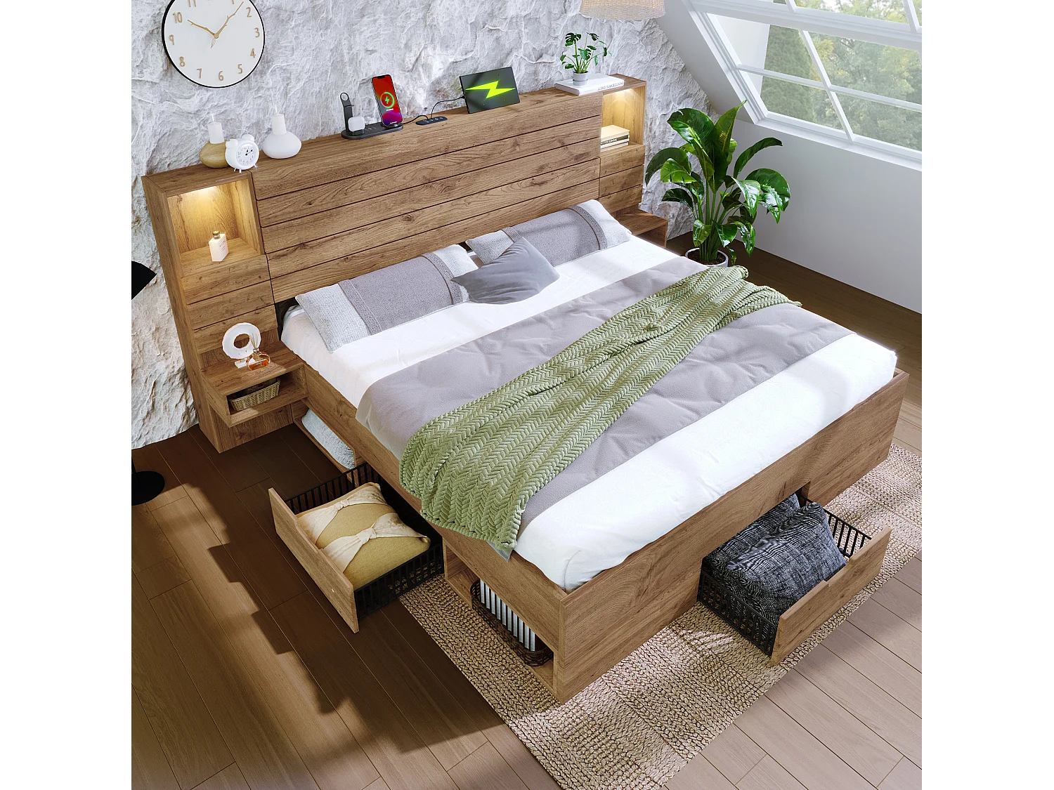 Lit coffre bois 160x200cm Lit double avec éclairage LED, USB-C et Tiroirs, Cadre de Lit avec Chevets Flottants,Chêne
