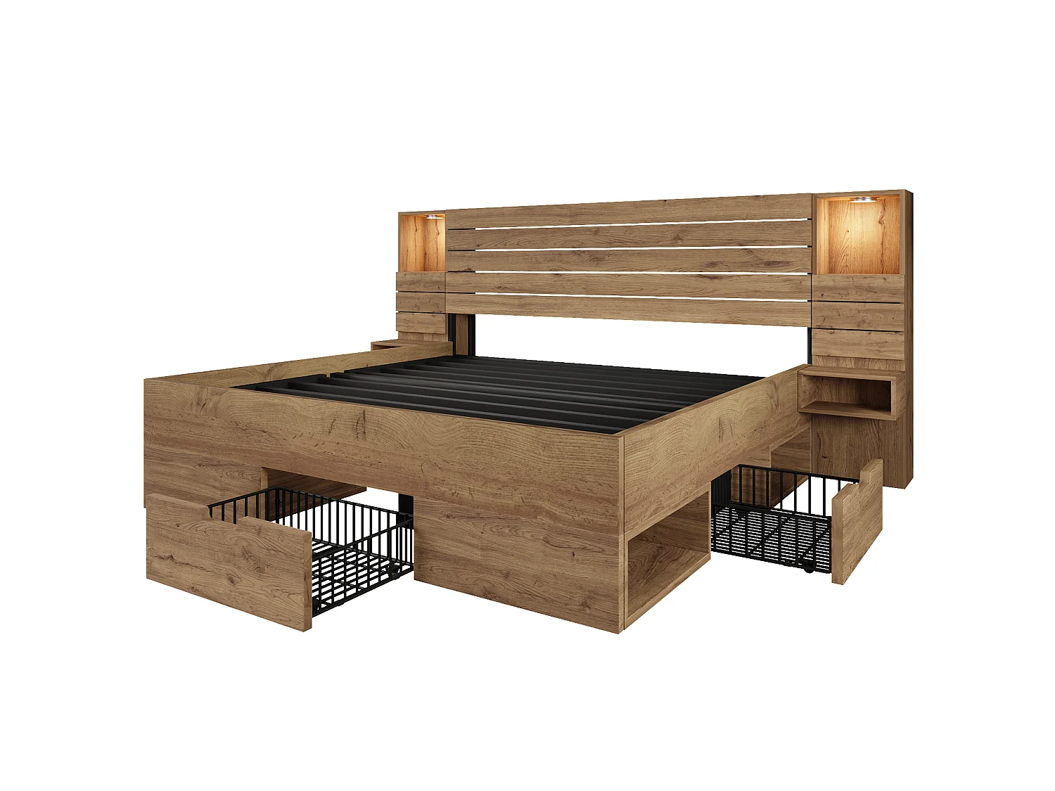 Lit coffre bois 160x200cm Lit double avec éclairage LED, USB-C et Tiroirs, Cadre de Lit avec Chevets Flottants,Chêne