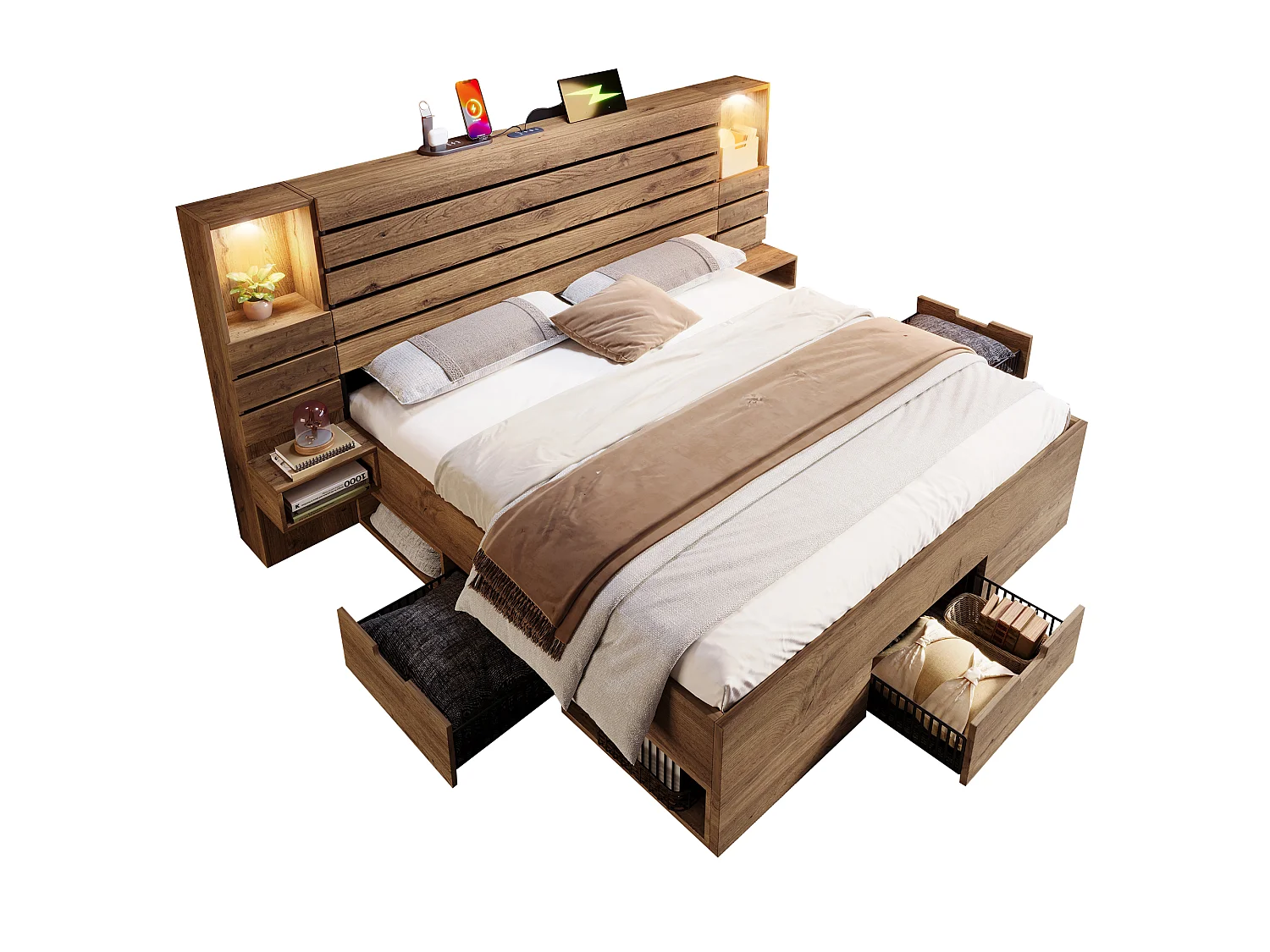 Lit coffre bois 160x200cm Lit double avec éclairage LED, USB-C et Tiroirs, Cadre de Lit avec Chevets Flottants,Chêne