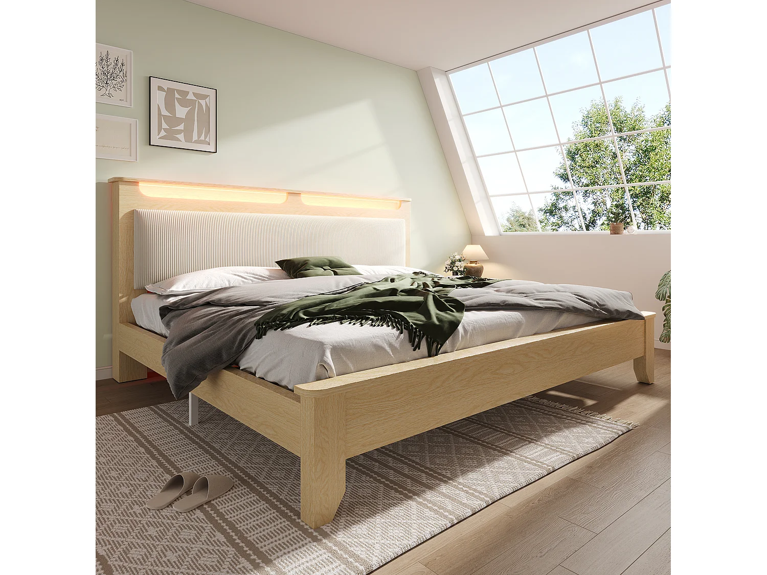 Lit Double 180x200 cm avec Tête de Lit Rangement - LED et Dossier Velours Côtelé Beige - Chêne Clair