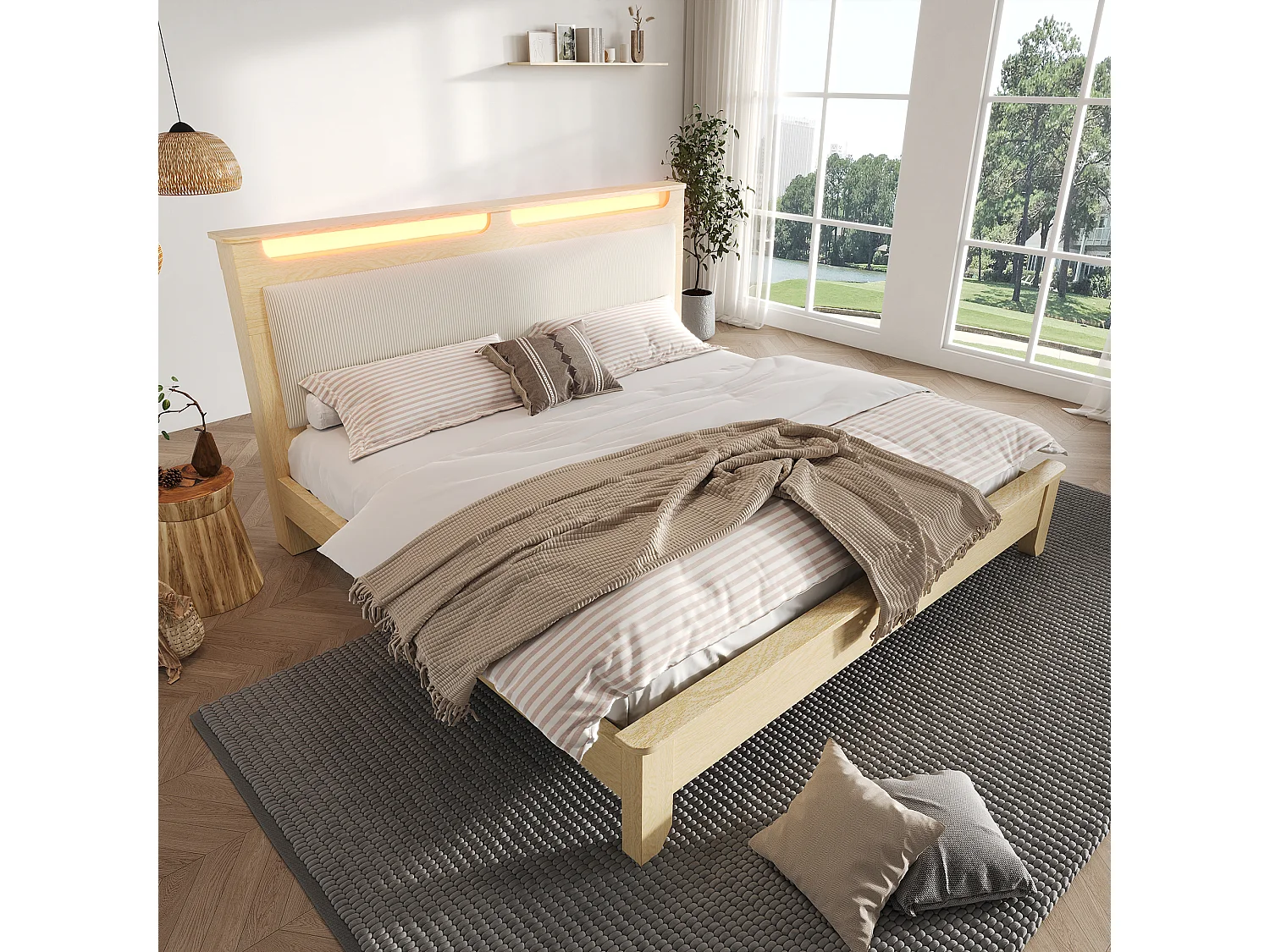 Lit Double 180x200 cm avec Tête de Lit Rangement - LED et Dossier Velours Côtelé Beige - Chêne Clair
