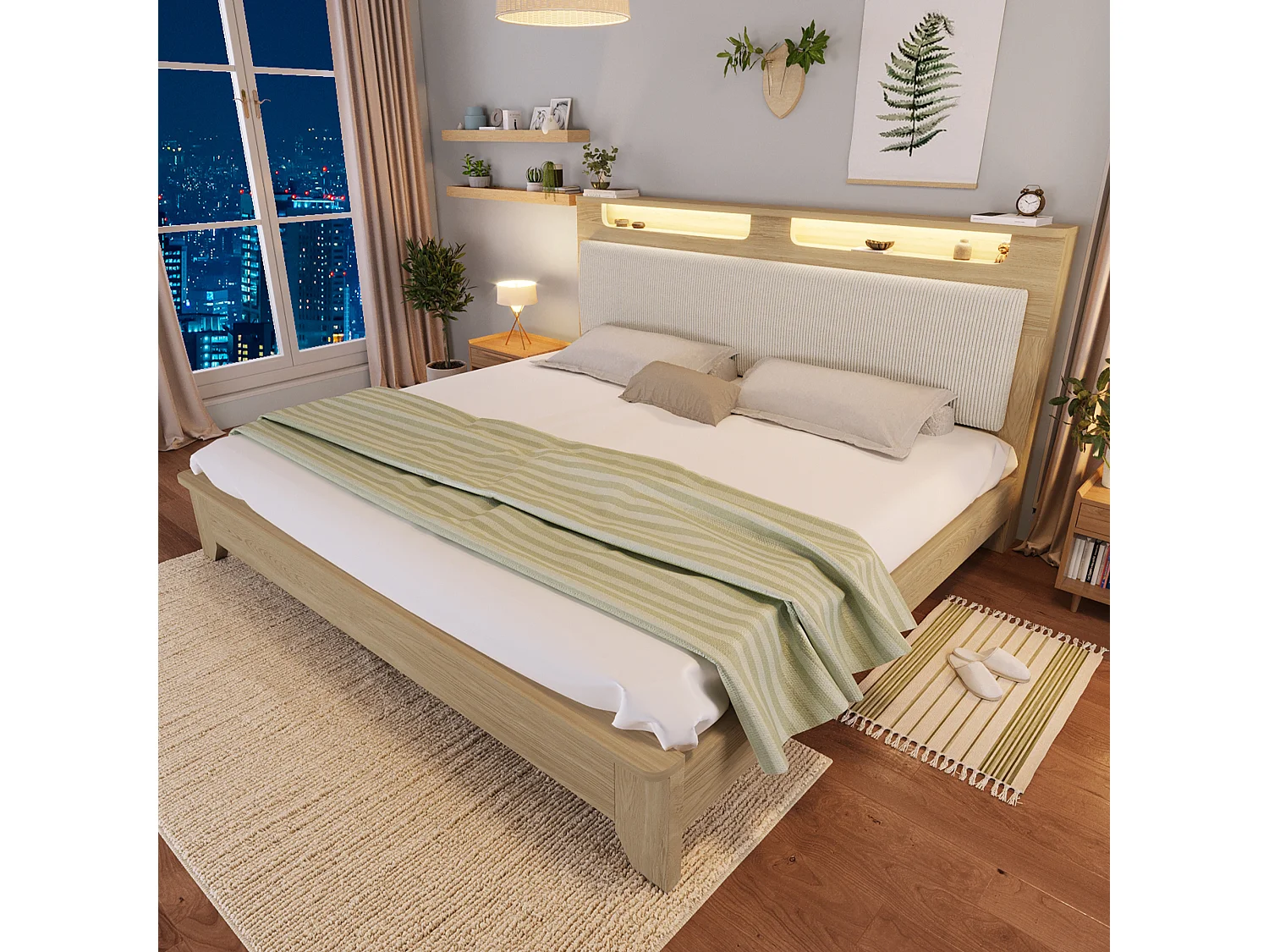 Lit Double 180x200 cm avec Tête de Lit Rangement - LED et Dossier Velours Côtelé Beige - Chêne Clair