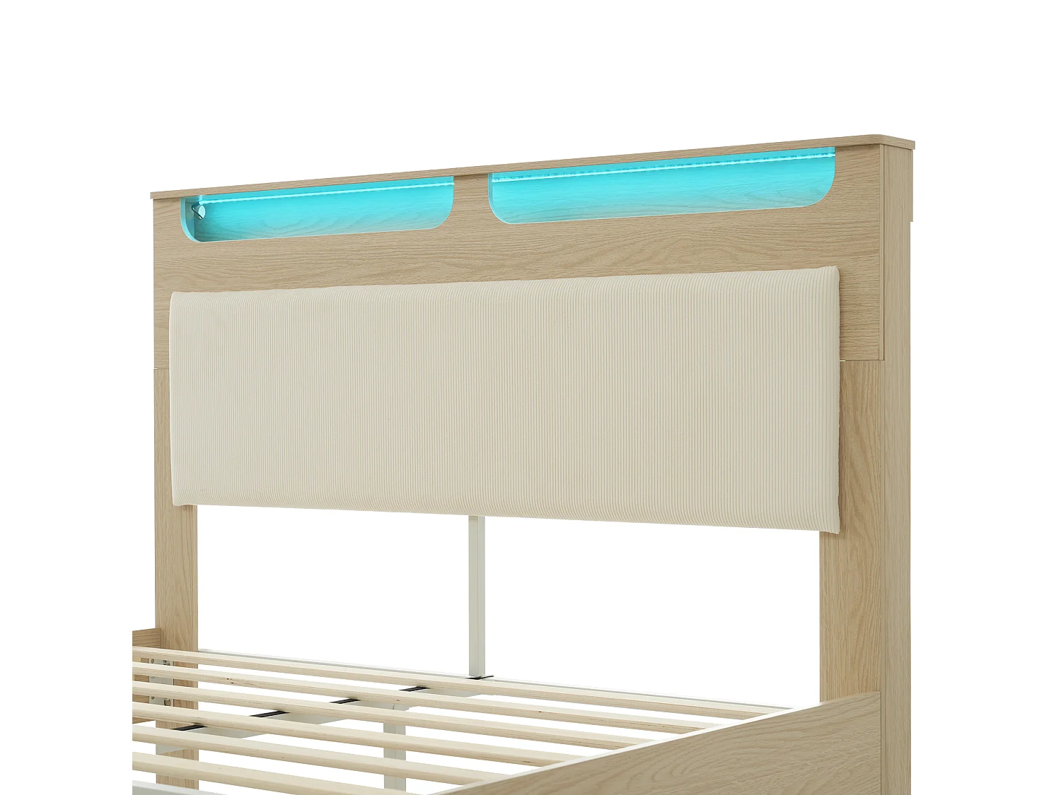 Lit Double 180x200 cm avec Tête de Lit Rangement - LED et Dossier Velours Côtelé Beige - Chêne Clair