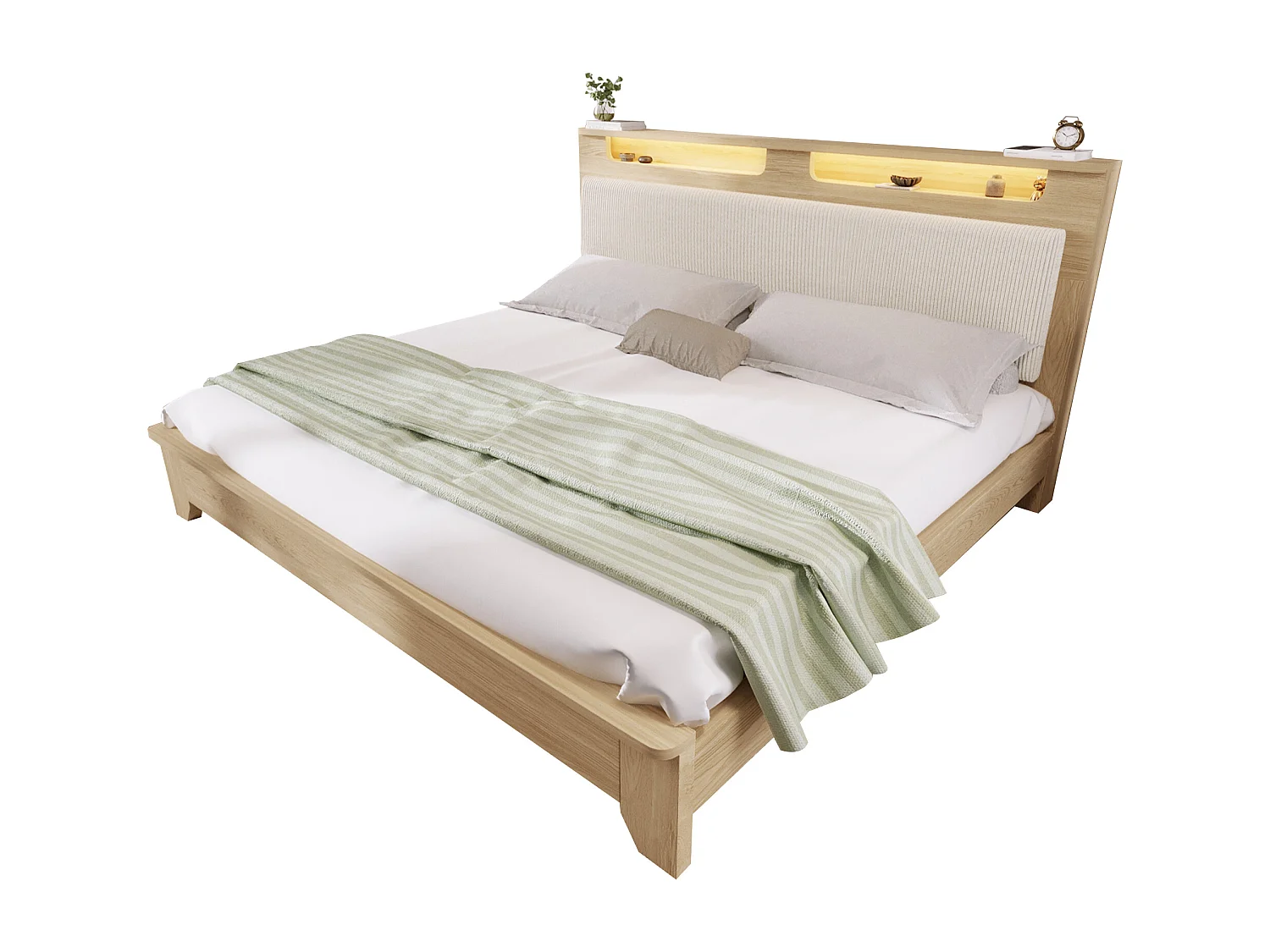 Lit Double 180x200 cm avec Tête de Lit Rangement - LED et Dossier Velours Côtelé Beige - Chêne Clair
