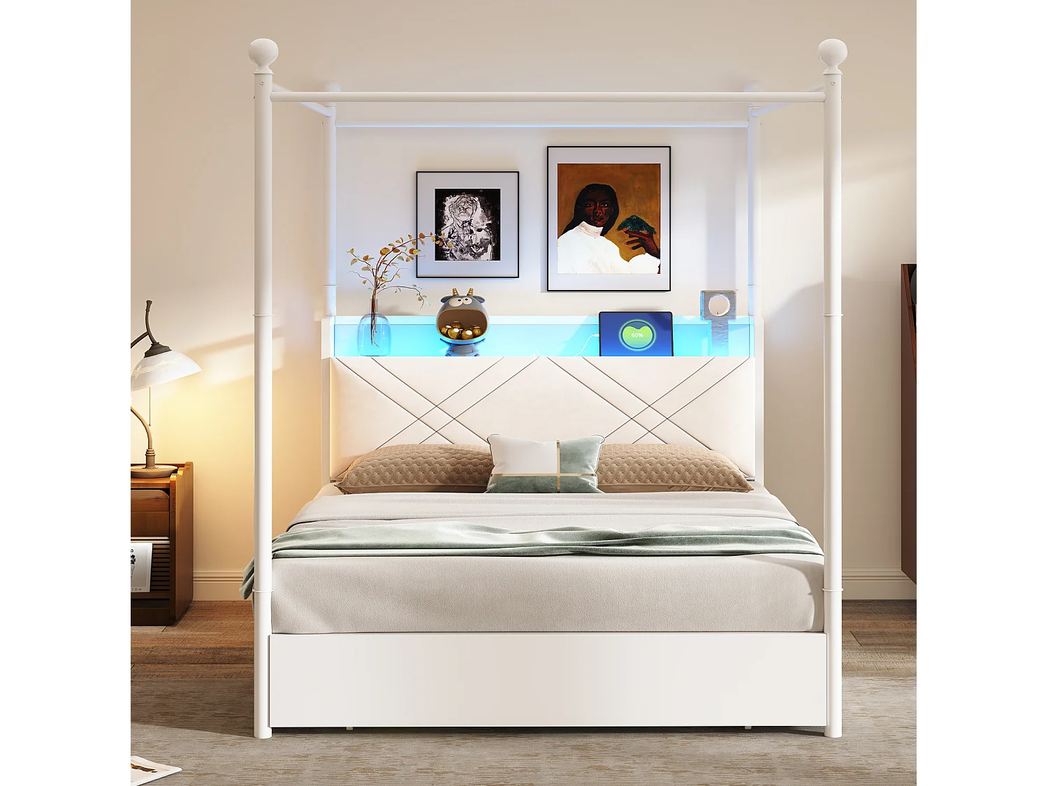 Lit à baldaquin 140x190 en métal blanc avec 3 tiroirs LED et USB Type-C