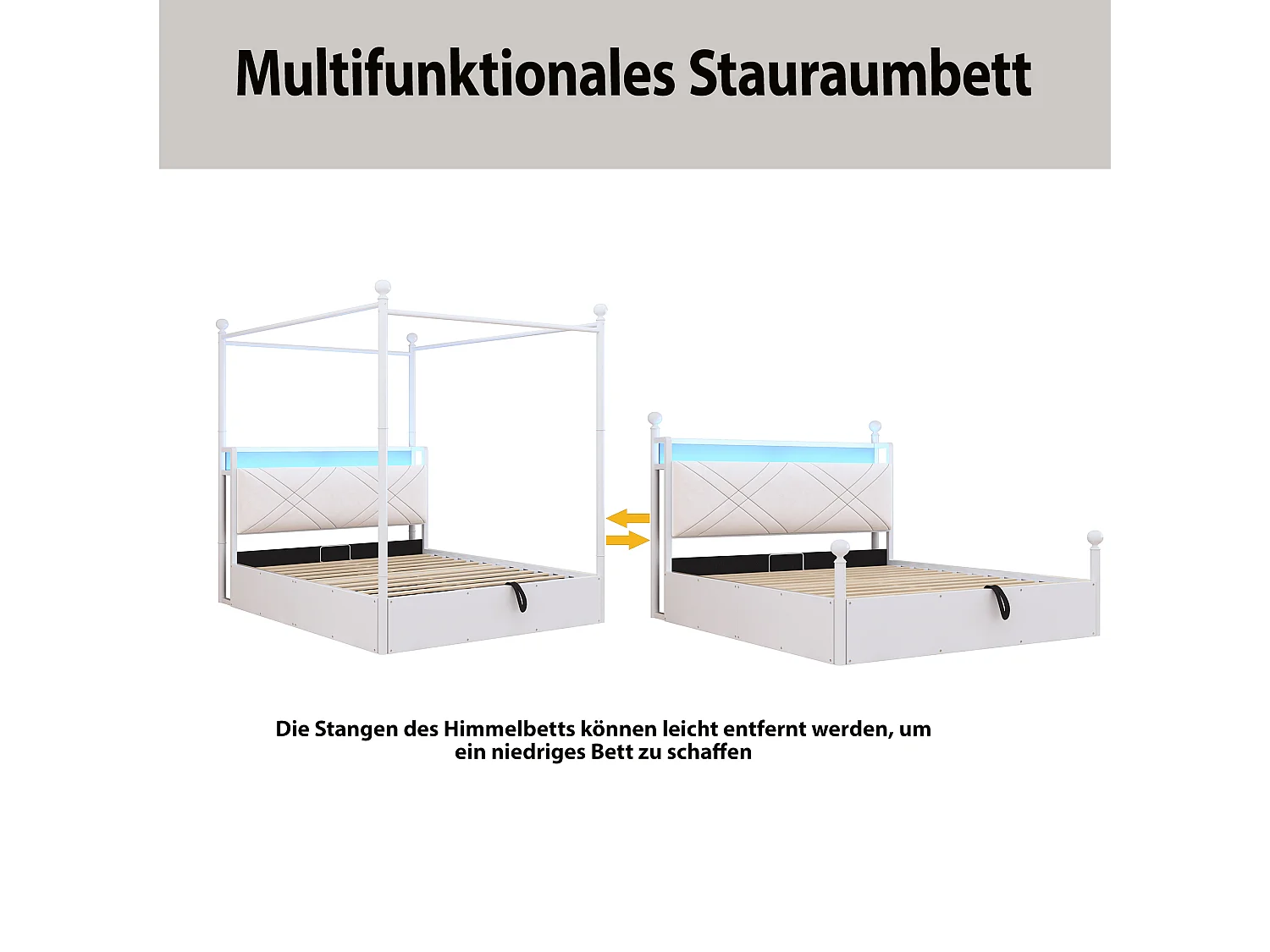 Lit à baldaquin 140x190 en métal blanc avec 3 tiroirs LED et USB Type-C