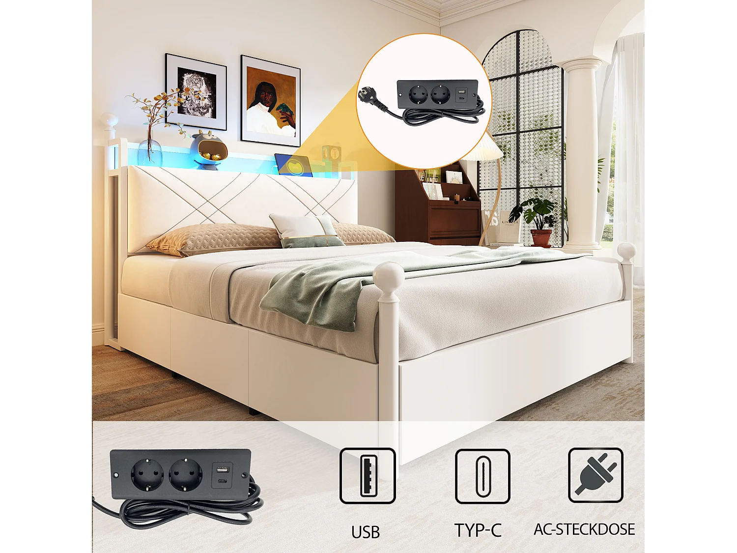 Lit à baldaquin 140x190 en métal blanc avec 3 tiroirs LED et USB Type-C