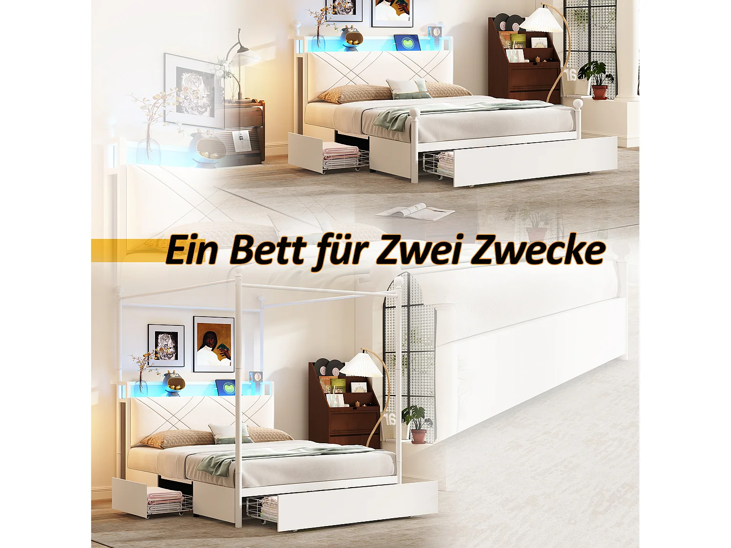 Lit à baldaquin 140x190 en métal blanc avec 3 tiroirs LED et USB Type-C