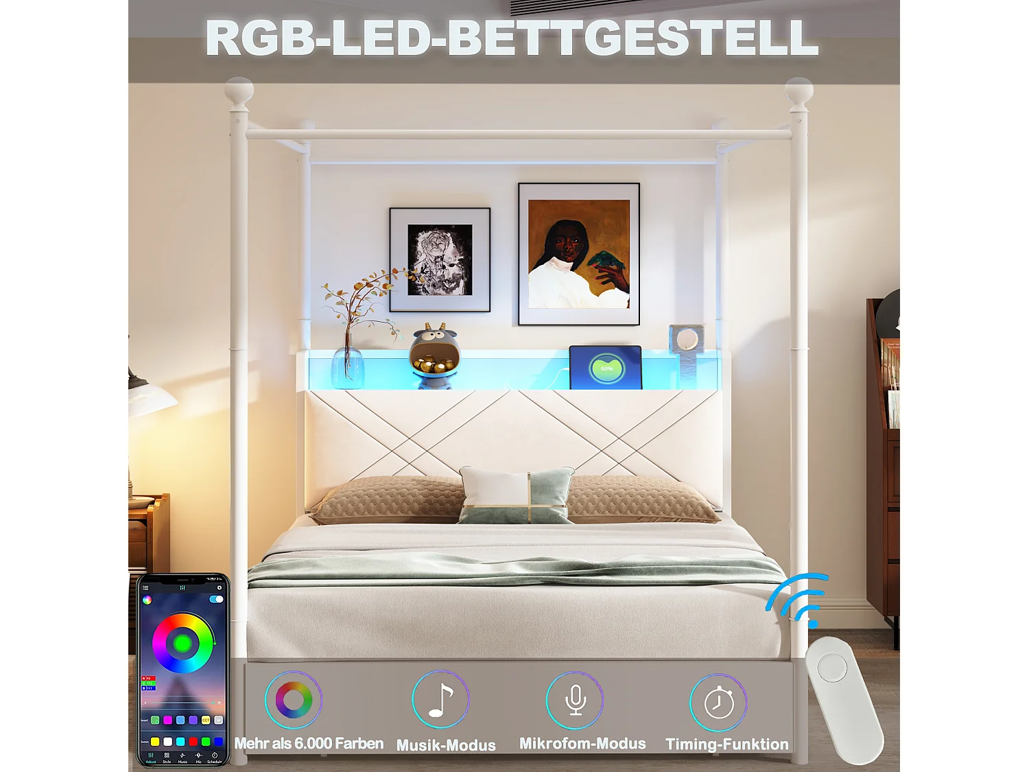 Lit à baldaquin 140x190 en métal blanc avec 3 tiroirs LED et USB Type-C