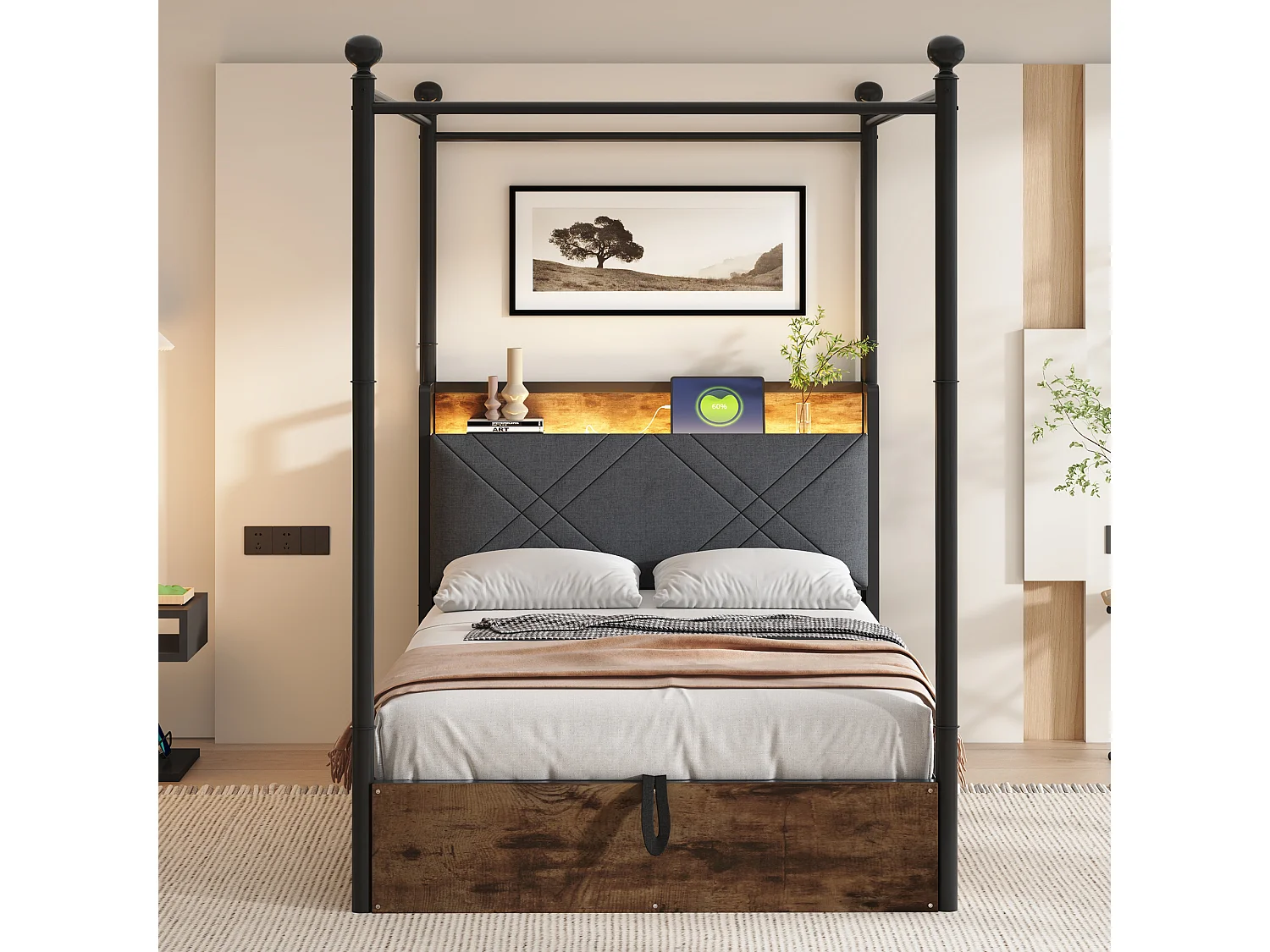 Lit coffre à baldaquin 90x190 en métal noir avec LED et USB Type-C