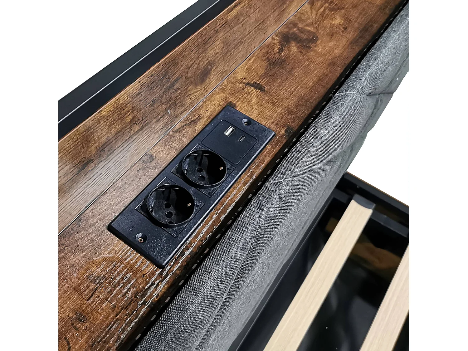 Lit coffre à baldaquin 90x190 en métal noir avec LED et USB Type-C