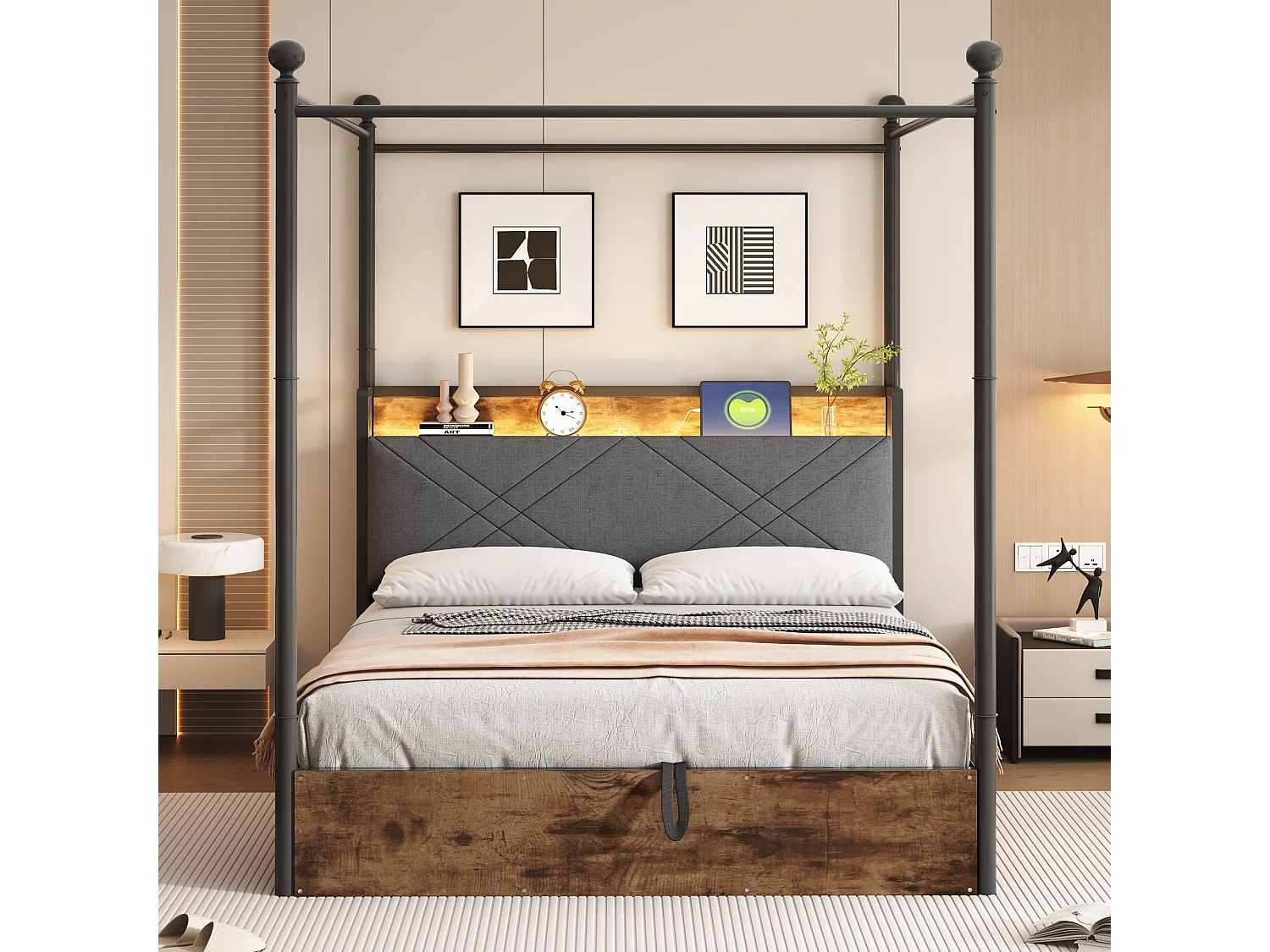 Lit coffre à baldaquin 140x190 en métal noir avec LED et USB Type-C