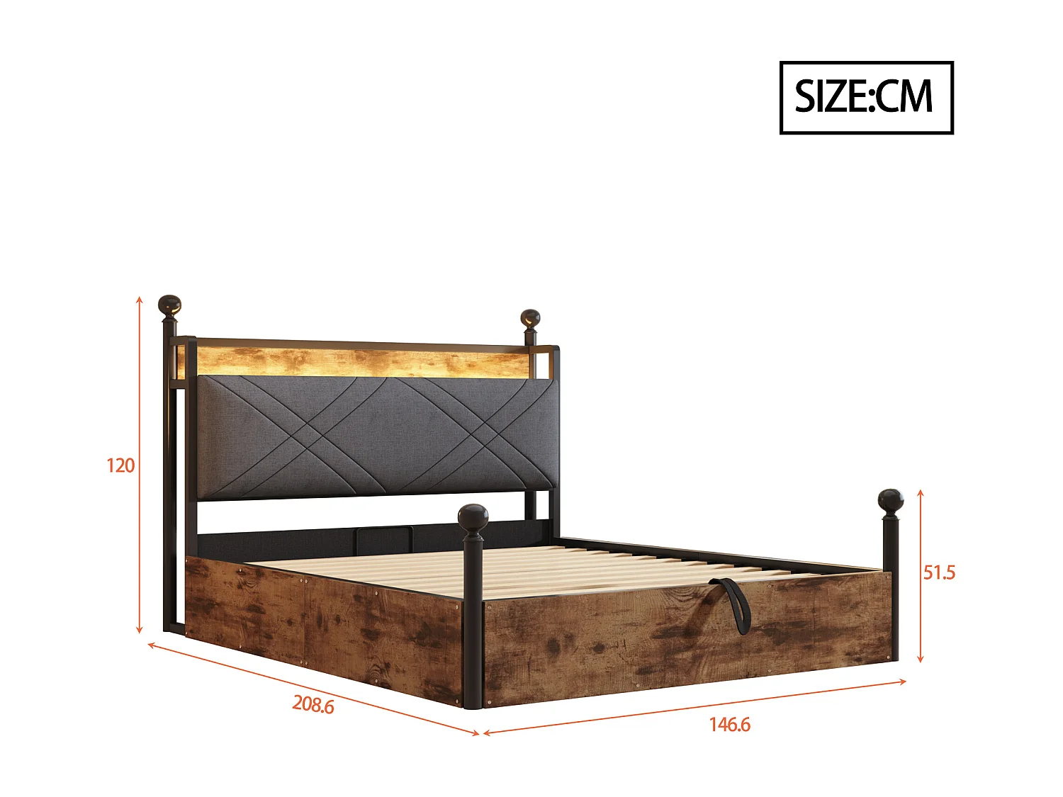 Lit coffre à baldaquin 140x190 en métal noir avec LED et USB Type-C
