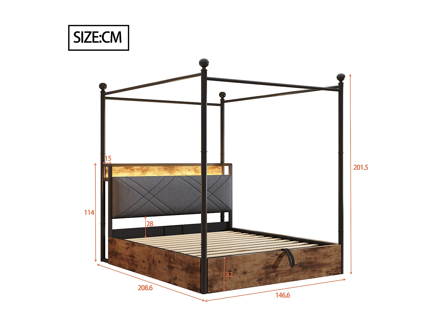 Lit coffre à baldaquin 140x190 en métal noir avec LED et USB Type-C