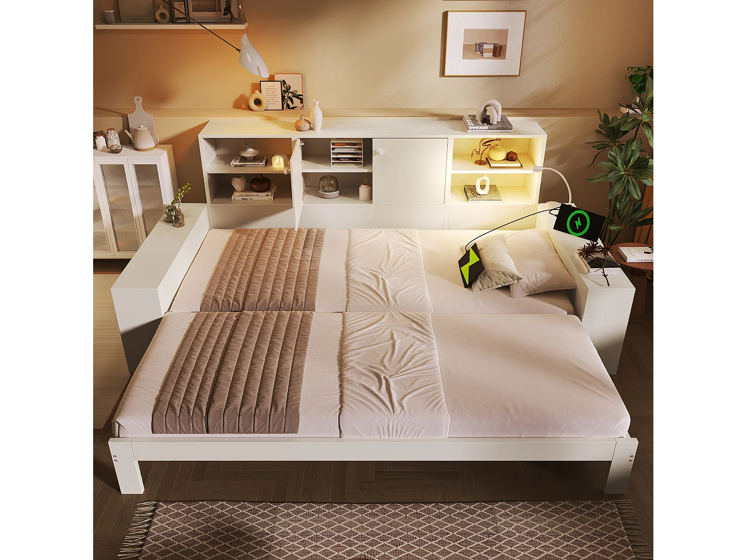 Lit coffre 90x200 cm Lit enfant double avec tiroirs et espace de rangement, lit en bois avec portes doubles et ports USB/USB-C ,blanc