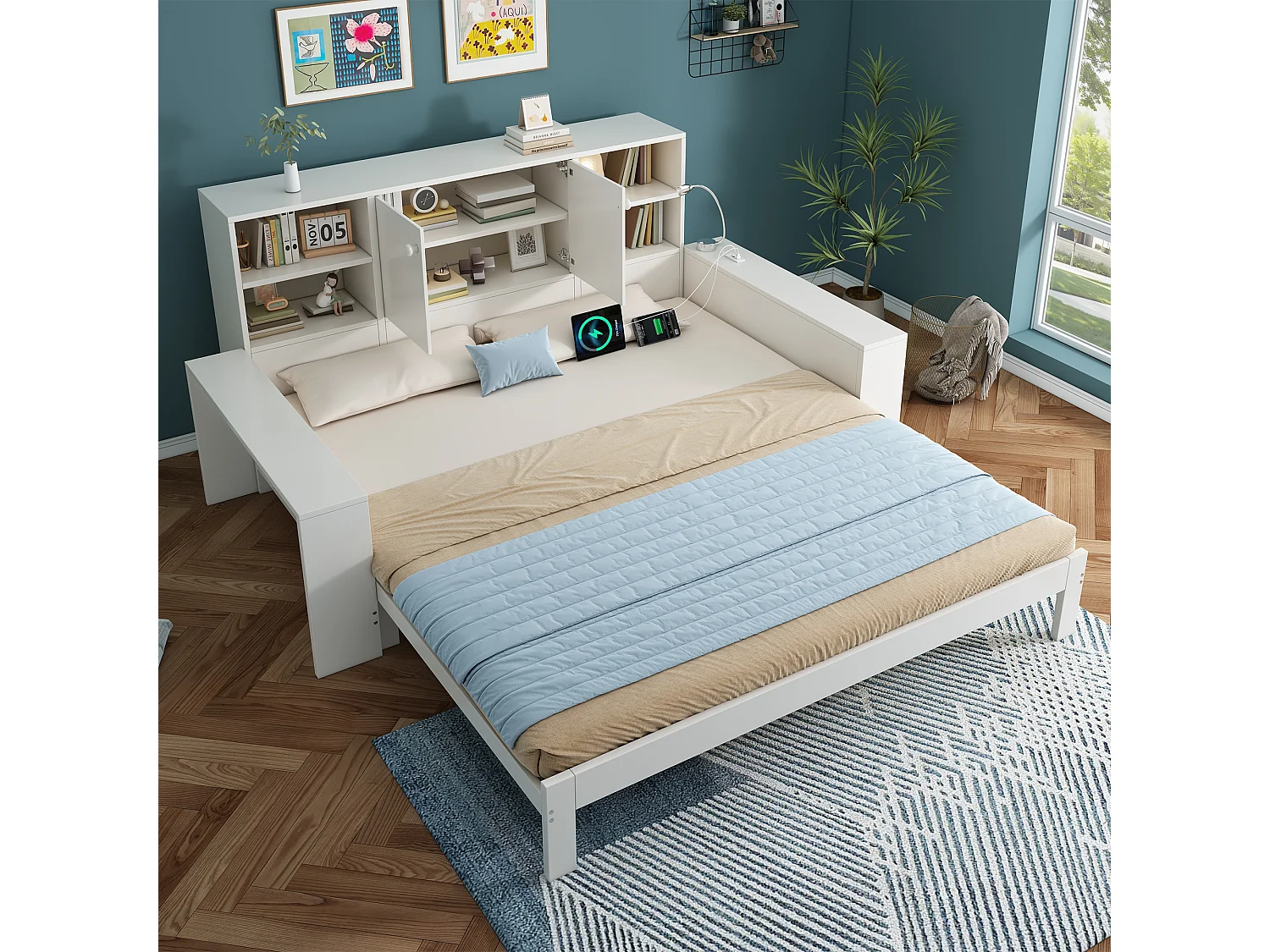 Lit coffre 90x200 cm Lit enfant double avec tiroirs et espace de rangement, lit en bois avec portes doubles et ports USB/USB-C ,blanc