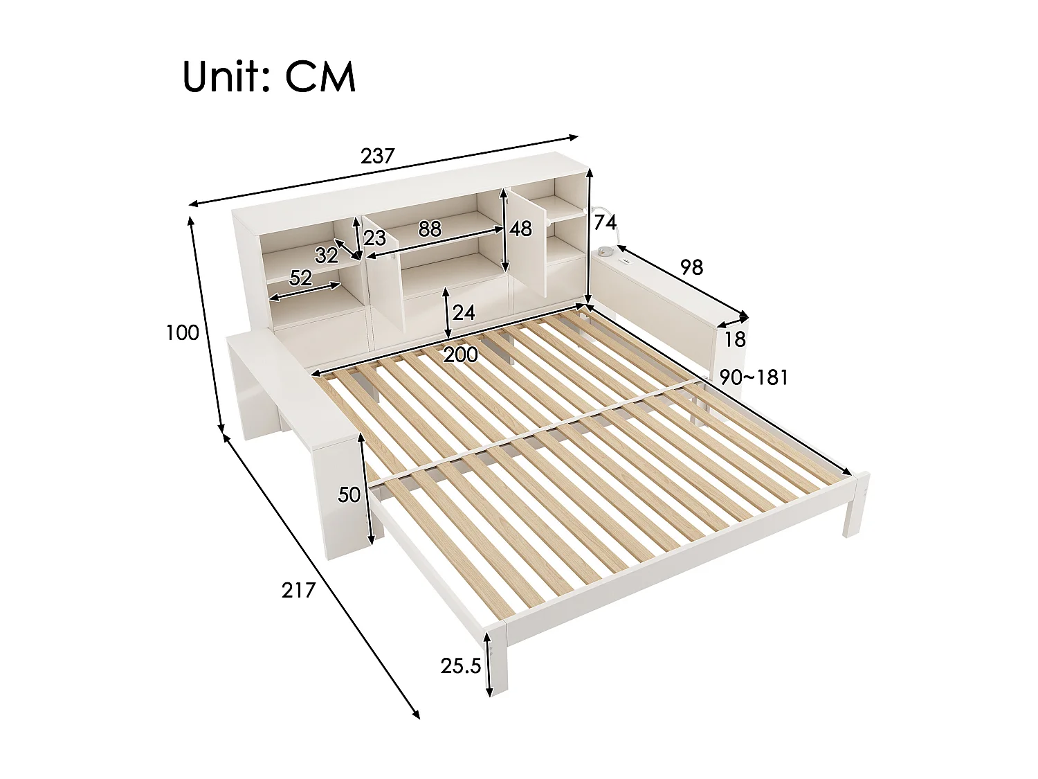 Lit coffre 90x200 cm Lit enfant double avec tiroirs et espace de rangement, lit en bois avec portes doubles et ports USB/USB-C ,blanc