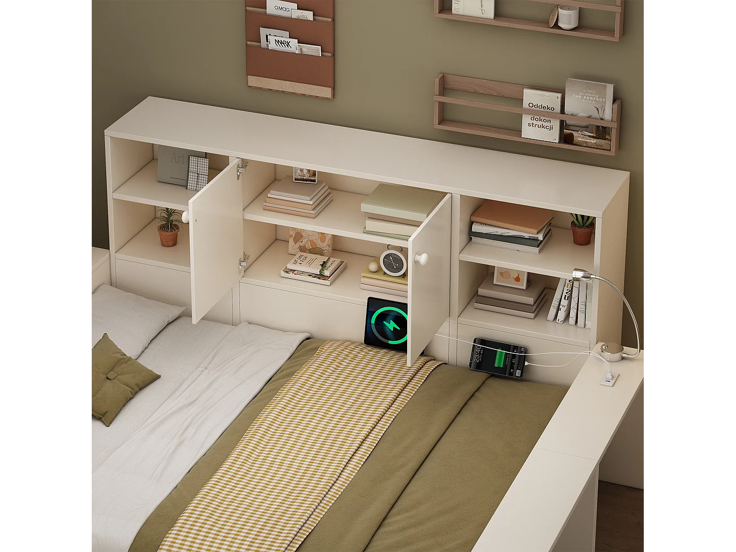 Lit coffre 90x200 cm Lit enfant double avec tiroirs et espace de rangement, lit en bois avec portes doubles et ports USB/USB-C ,blanc