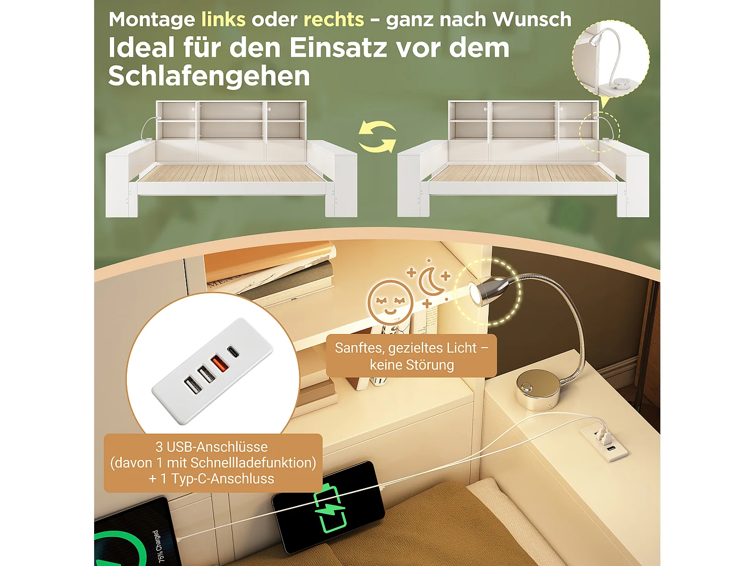 Lit coffre 90x200 cm Lit enfant double avec tiroirs et espace de rangement, lit en bois avec portes doubles et ports USB/USB-C ,blanc