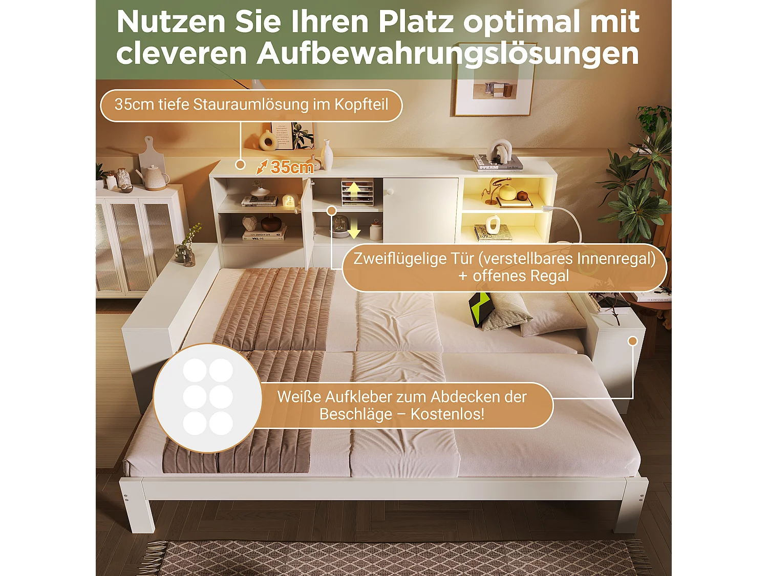Lit coffre 90x200 cm Lit enfant double avec tiroirs et espace de rangement, lit en bois avec portes doubles et ports USB/USB-C ,blanc