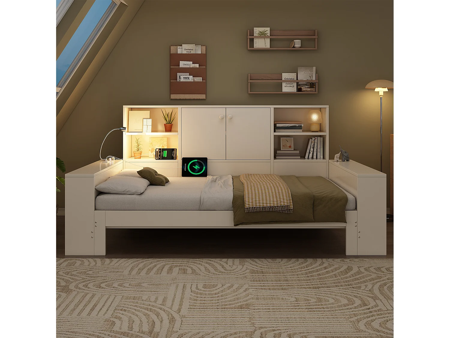 Lit coffre 90x200 cm Lit enfant double avec tiroirs et espace de rangement, lit en bois avec portes doubles et ports USB/USB-C ,blanc