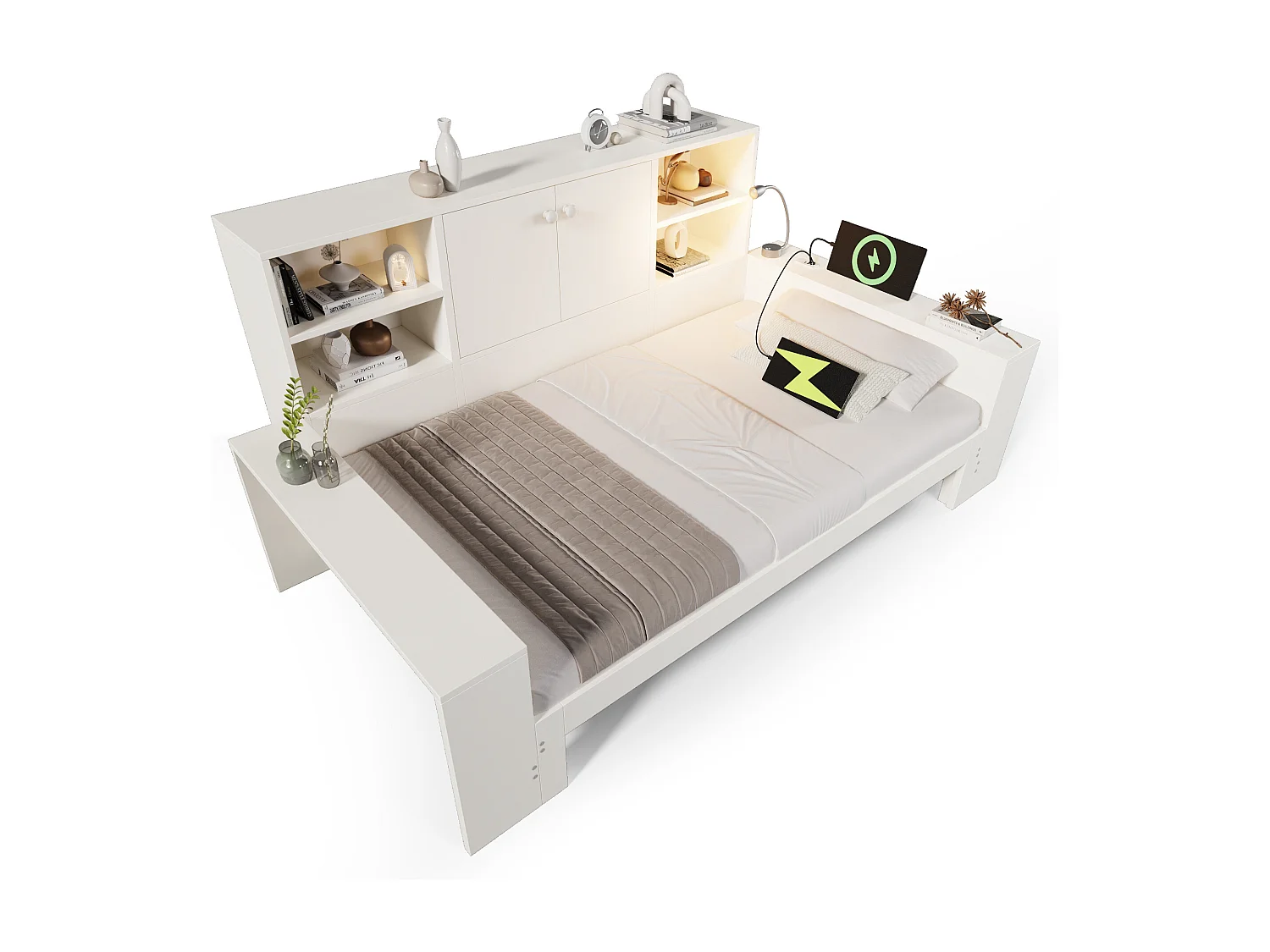 Lit coffre 90x200 cm Lit enfant double avec tiroirs et espace de rangement, lit en bois avec portes doubles et ports USB/USB-C ,blanc
