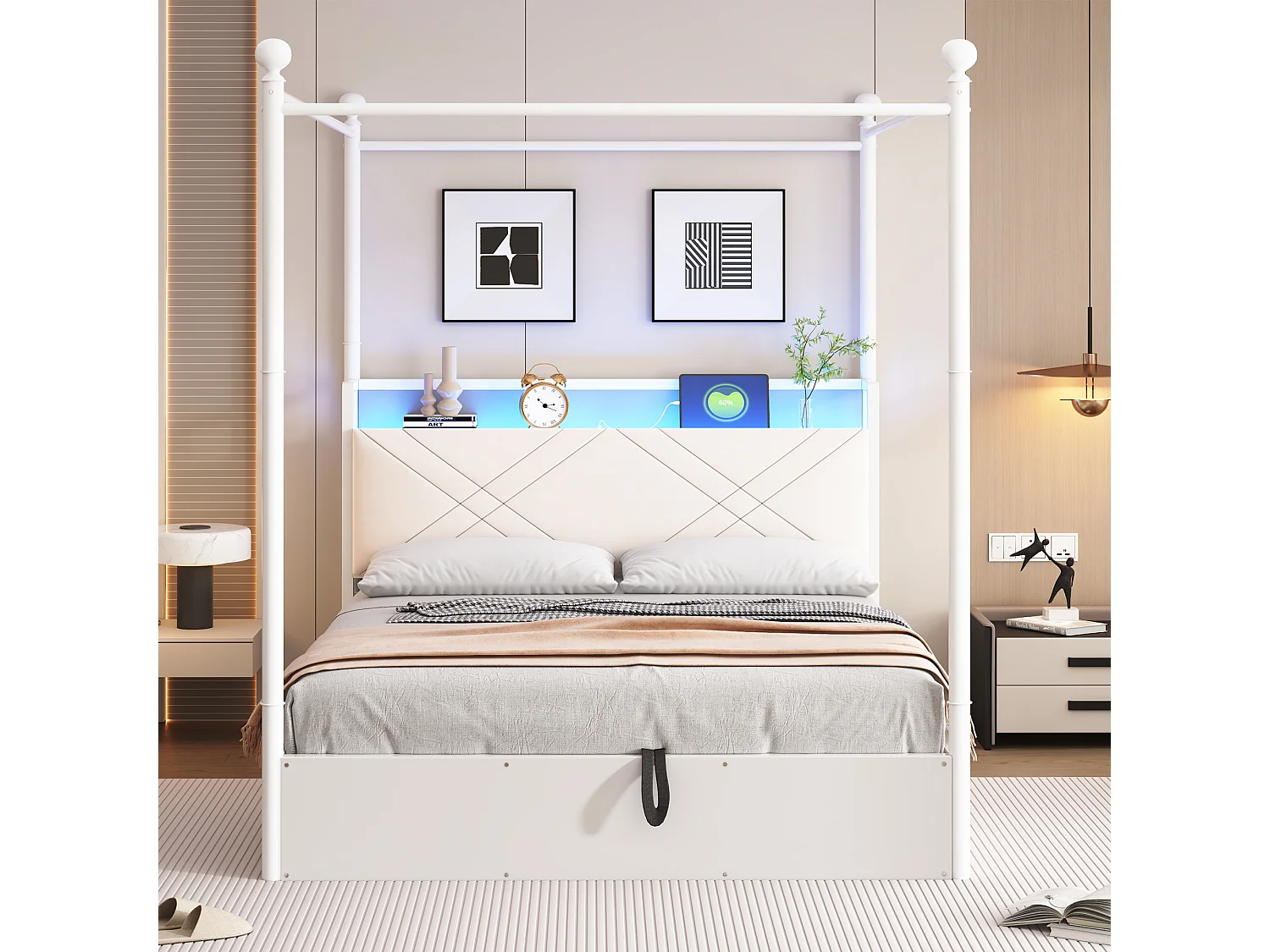 Lit coffre à baldaquin 140x190 en métal blanc avec LED et USB Type-C