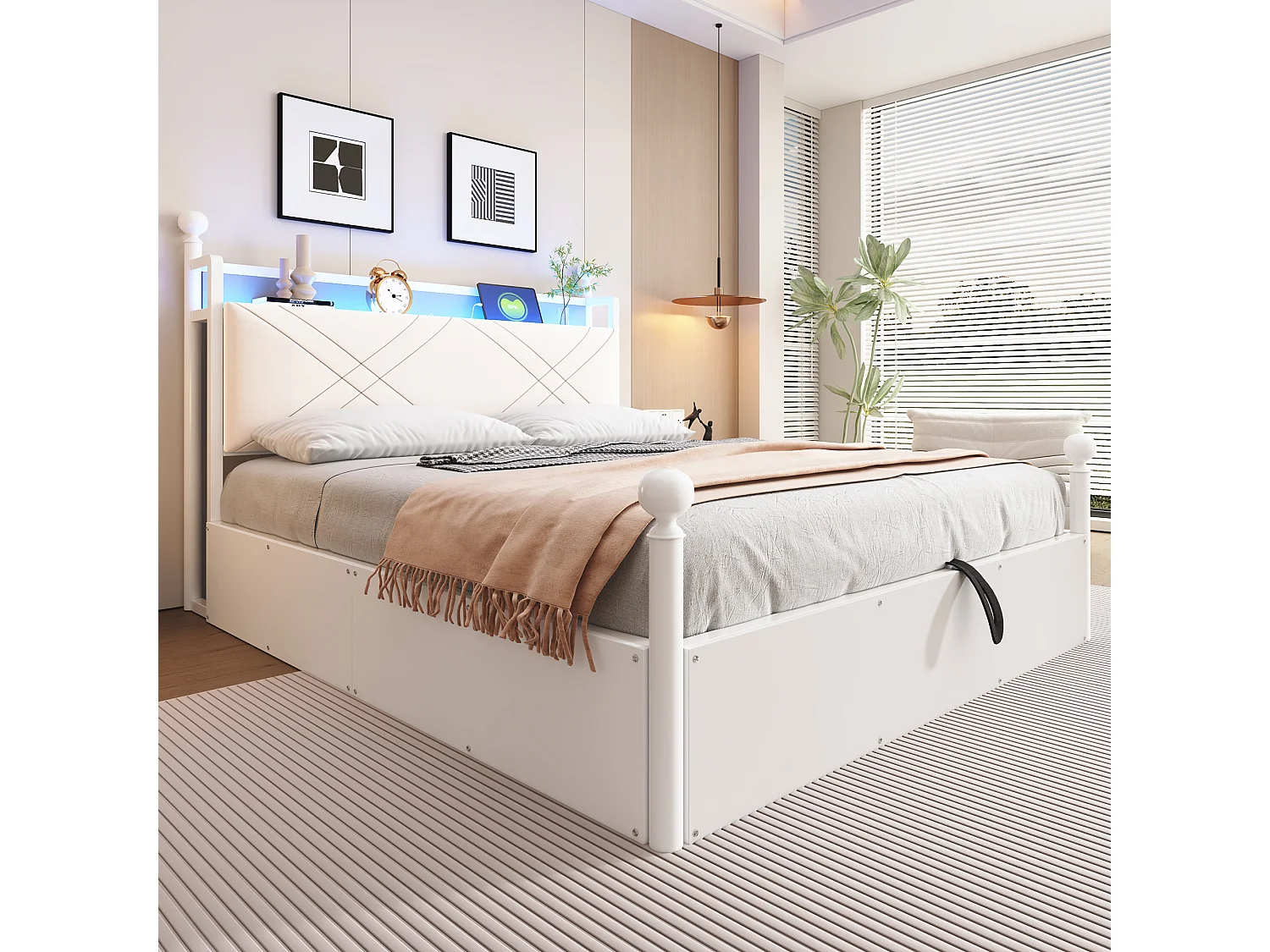 Lit coffre à baldaquin 140x190 en métal blanc avec LED et USB Type-C