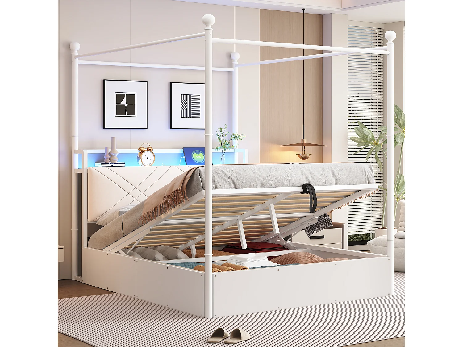 Lit coffre à baldaquin 140x190 en métal blanc avec LED et USB Type-C