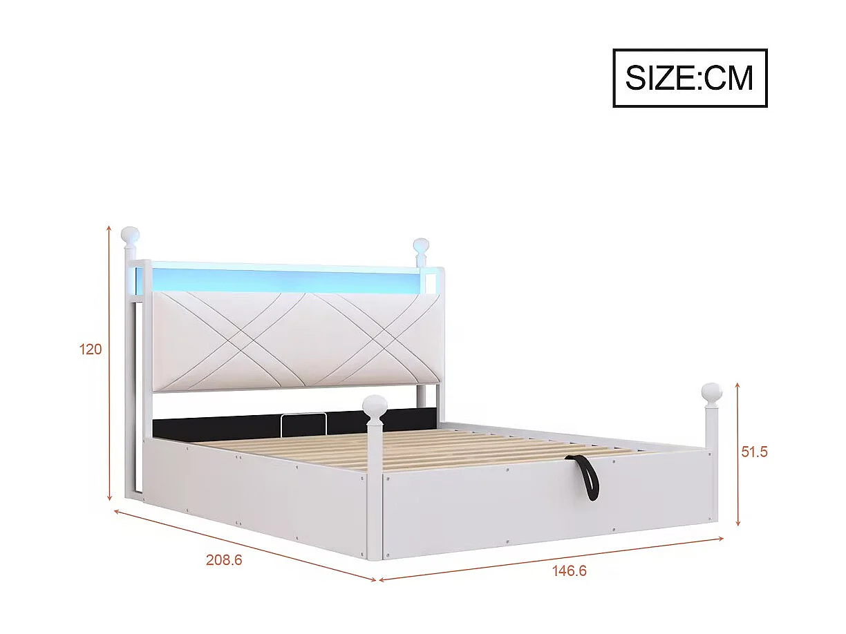 Lit coffre à baldaquin 140x190 en métal blanc avec LED et USB Type-C