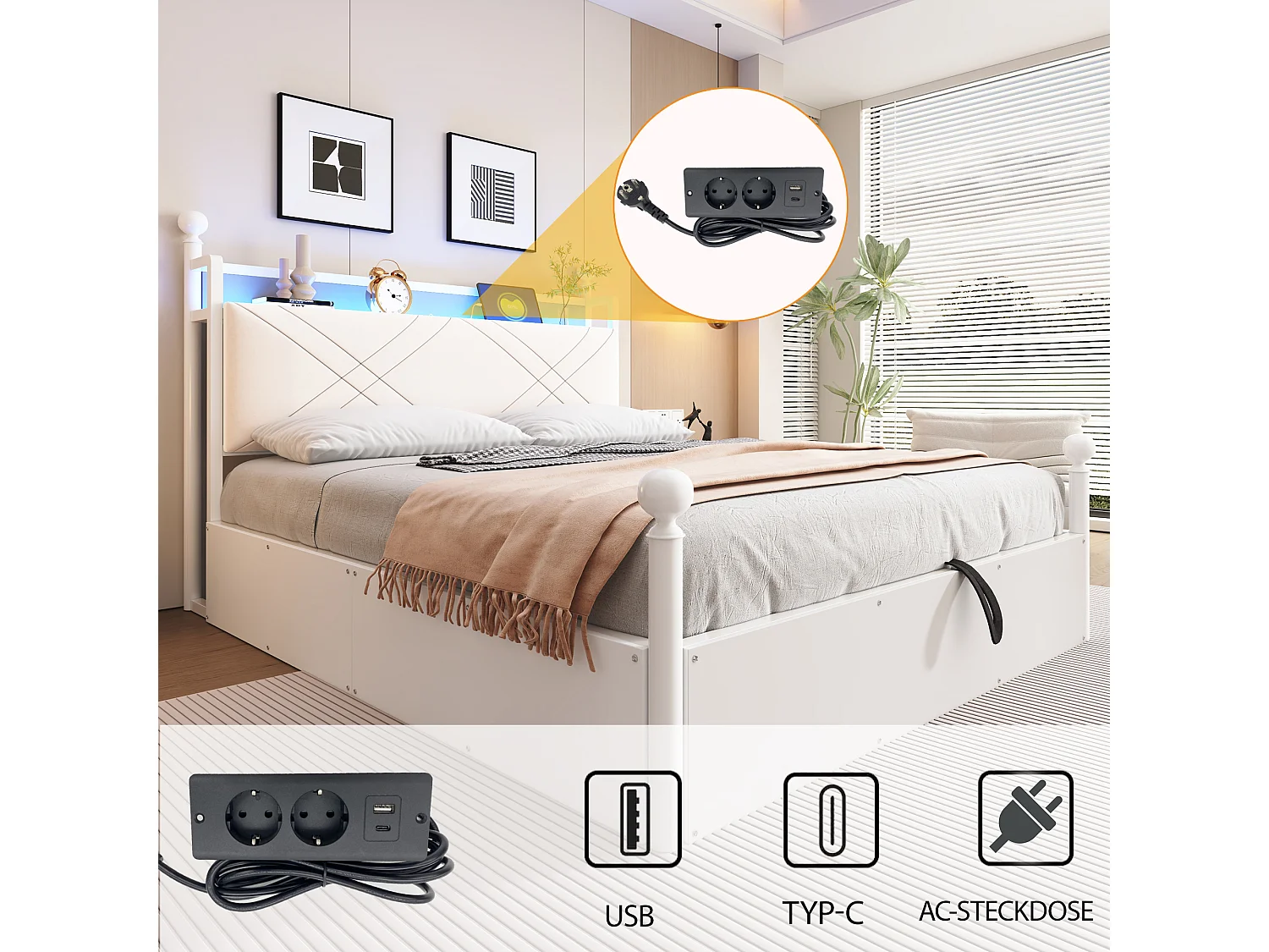 Lit coffre à baldaquin 140x190 en métal blanc avec LED et USB Type-C