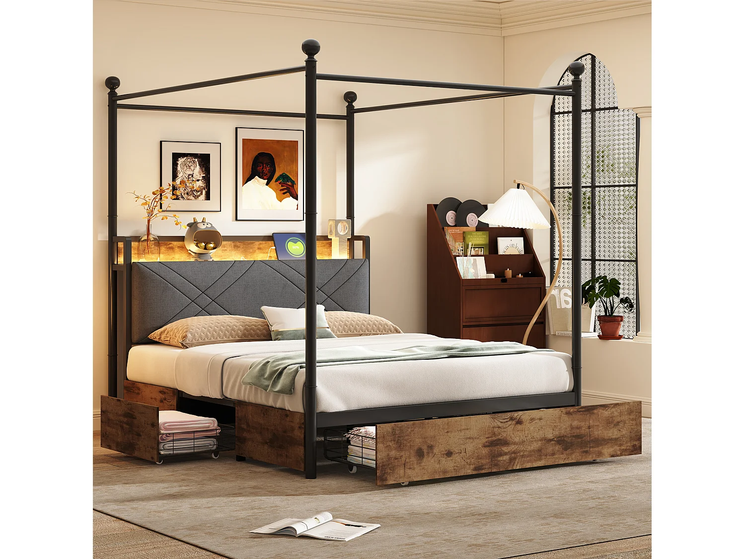 Lit à baldaquin 140x190 en métal noir avec 3 tiroirs LED et USB Type-C