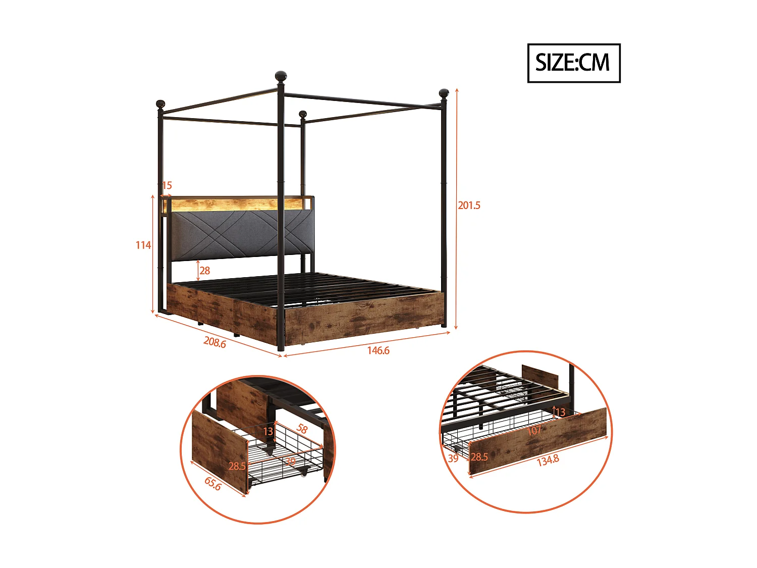 Lit à baldaquin 140x190 en métal noir avec 3 tiroirs LED et USB Type-C