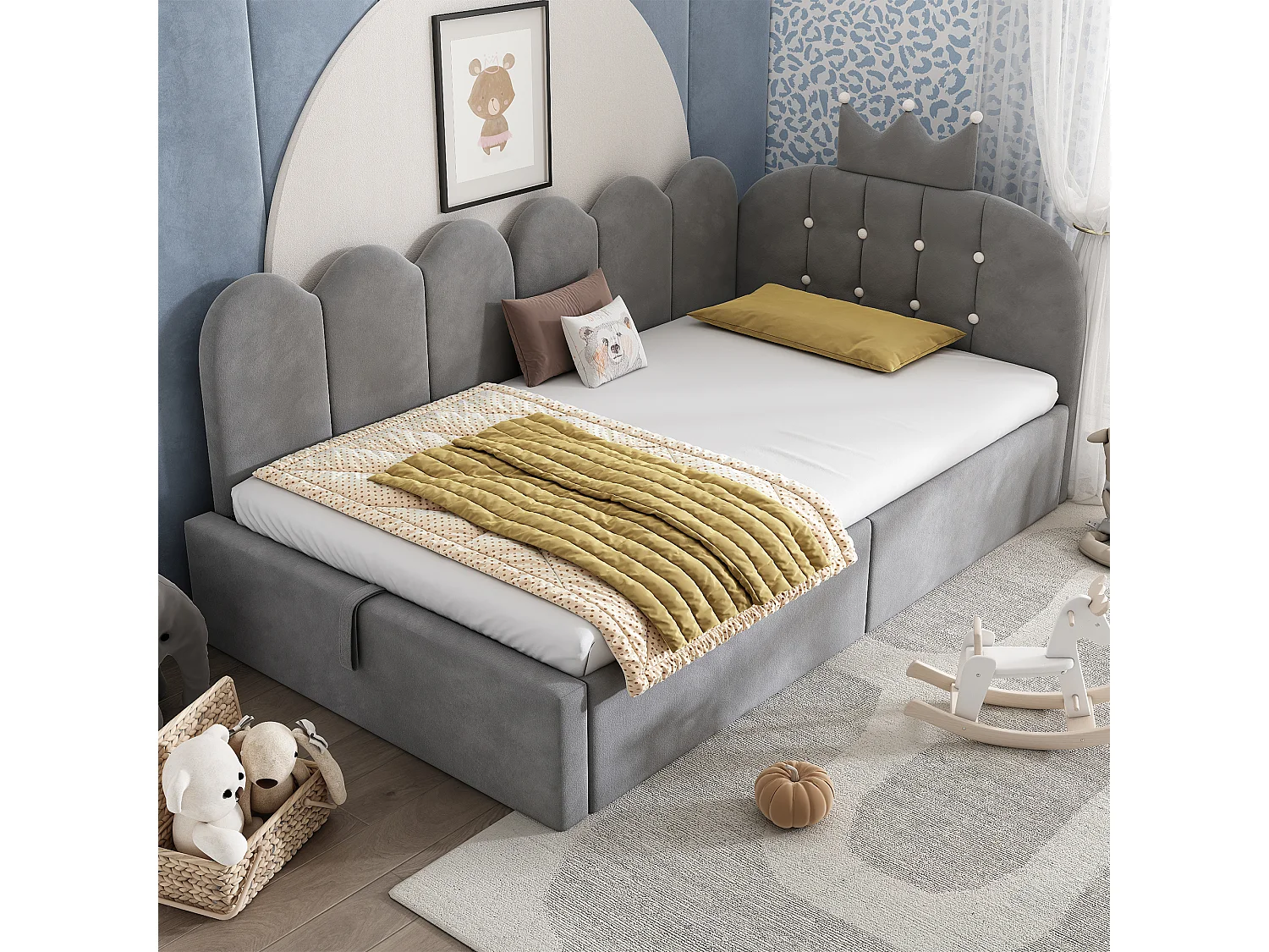 Lit Banquette capitonnée 90 x 190 cm, canapé-lit avec rangement hydraulique avec à motif de couronne - velours -gris