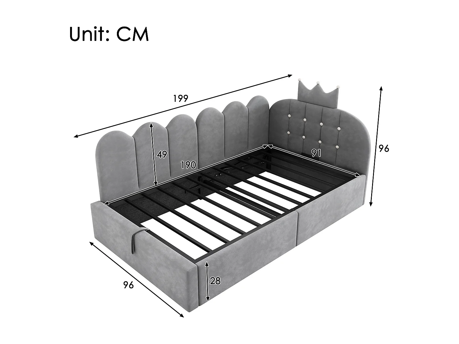 Lit Banquette capitonnée 90 x 190 cm, canapé-lit avec rangement hydraulique avec à motif de couronne - velours -gris