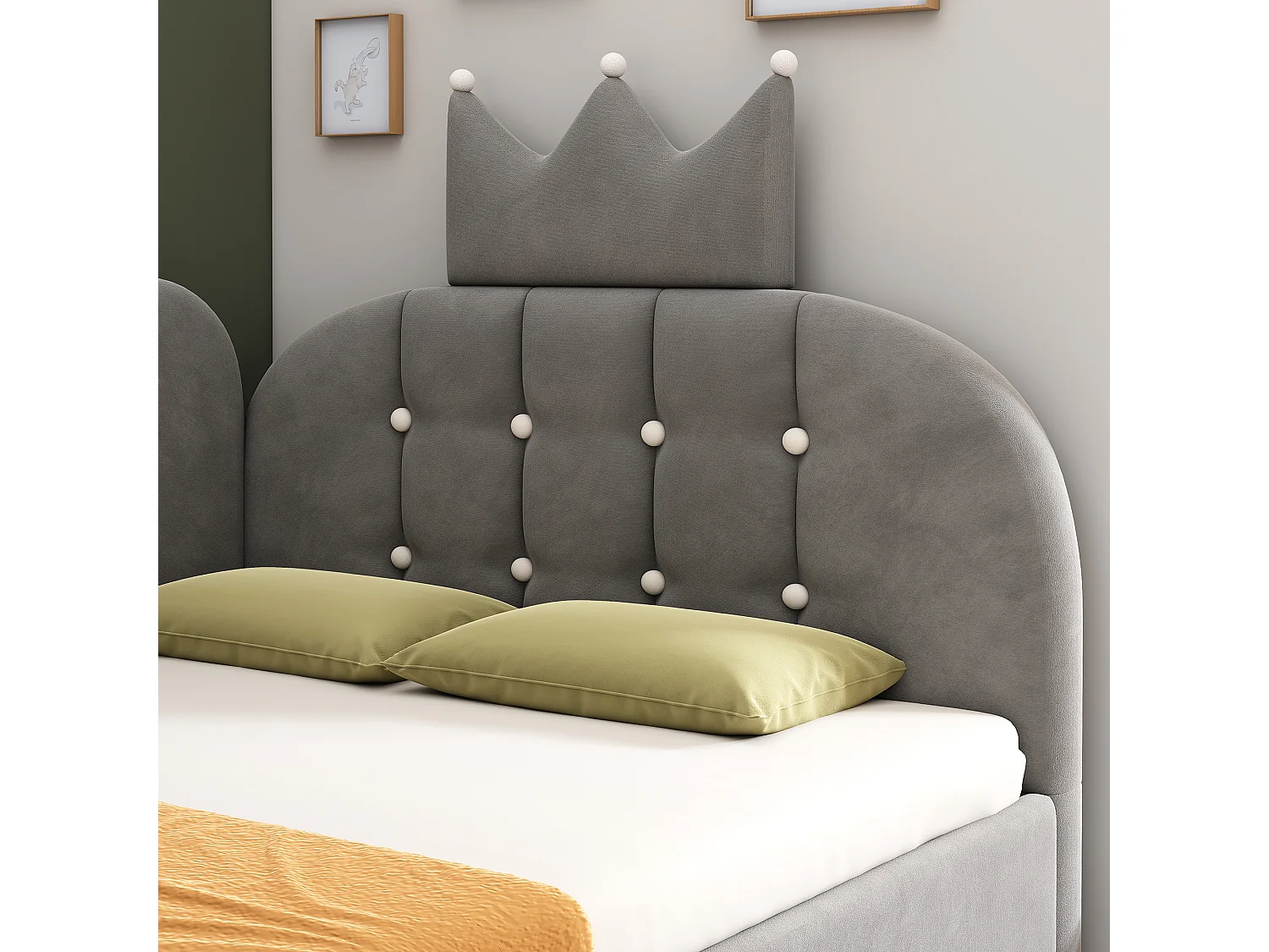 Lit Banquette capitonnée 90 x 190 cm, canapé-lit avec rangement hydraulique avec à motif de couronne - velours -gris