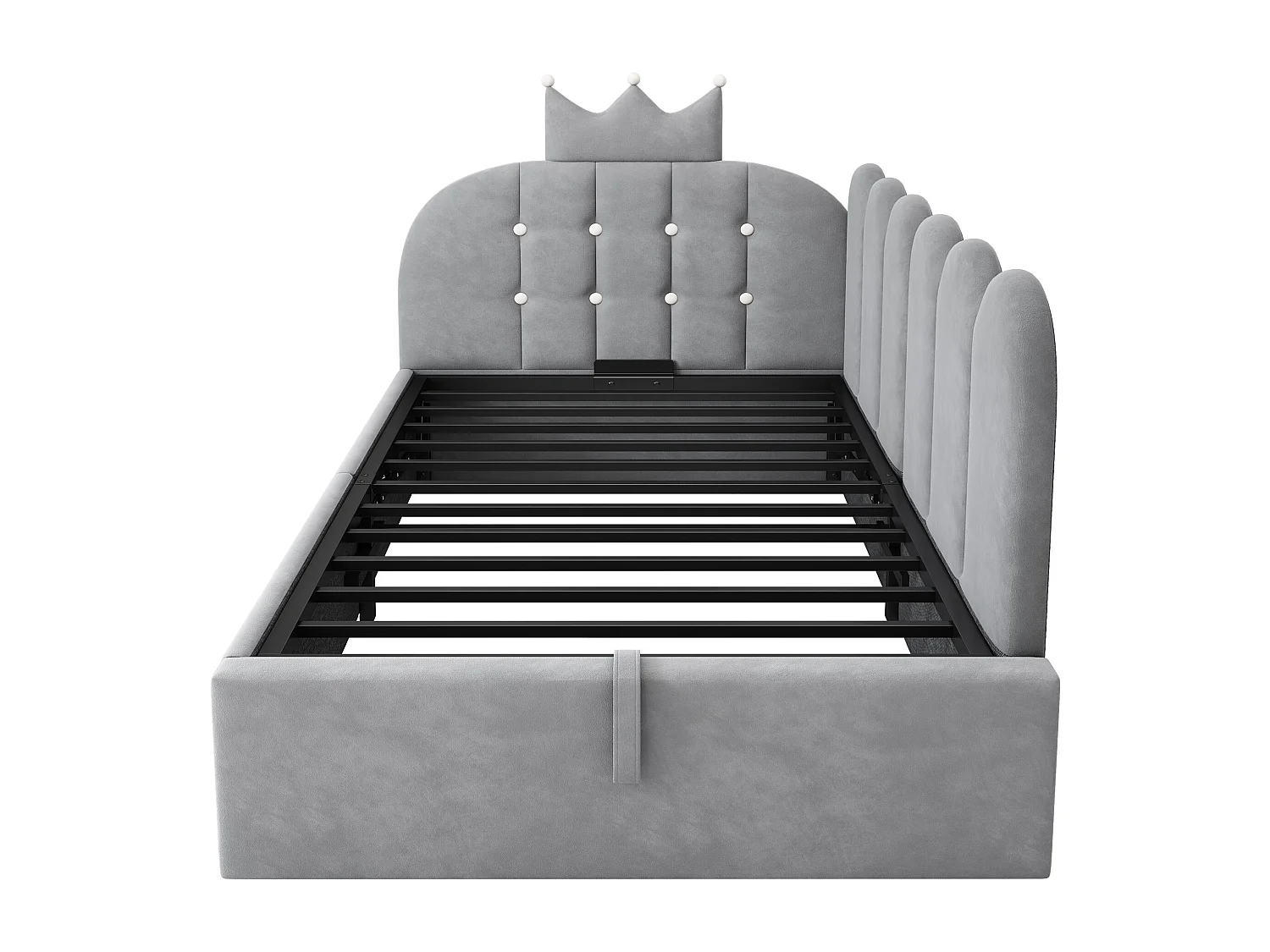 Lit Banquette capitonnée 90 x 190 cm, canapé-lit avec rangement hydraulique avec à motif de couronne - velours -gris