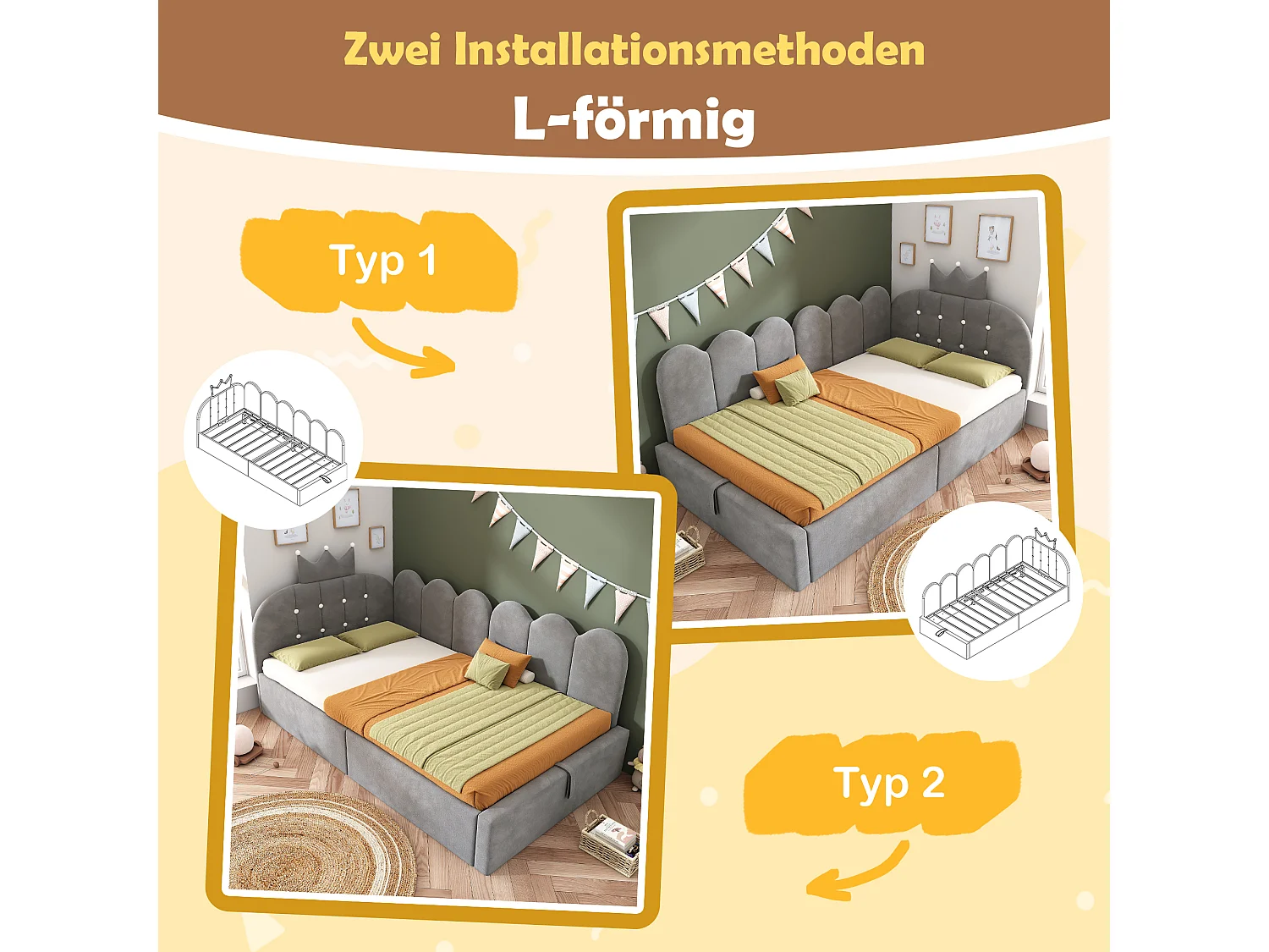 Lit Banquette capitonnée 90 x 190 cm, canapé-lit avec rangement hydraulique avec à motif de couronne - velours -gris