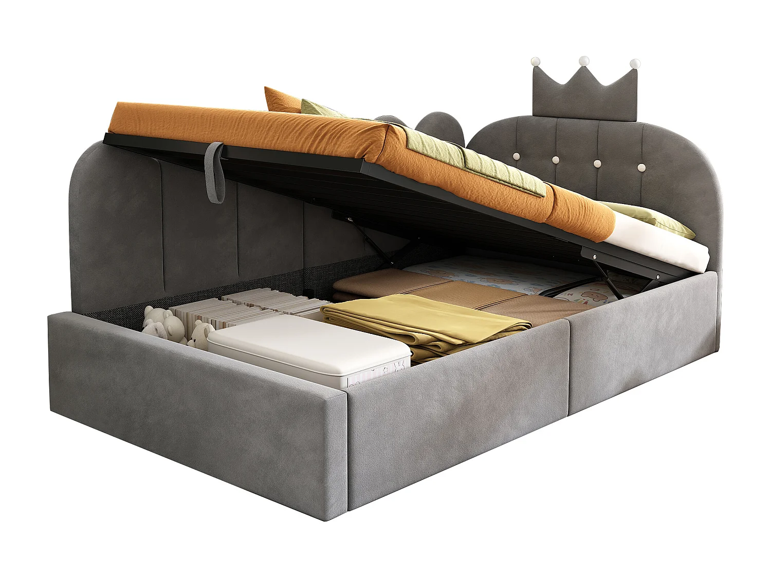 Lit Banquette capitonnée 90 x 190 cm, canapé-lit avec rangement hydraulique avec à motif de couronne - velours -gris