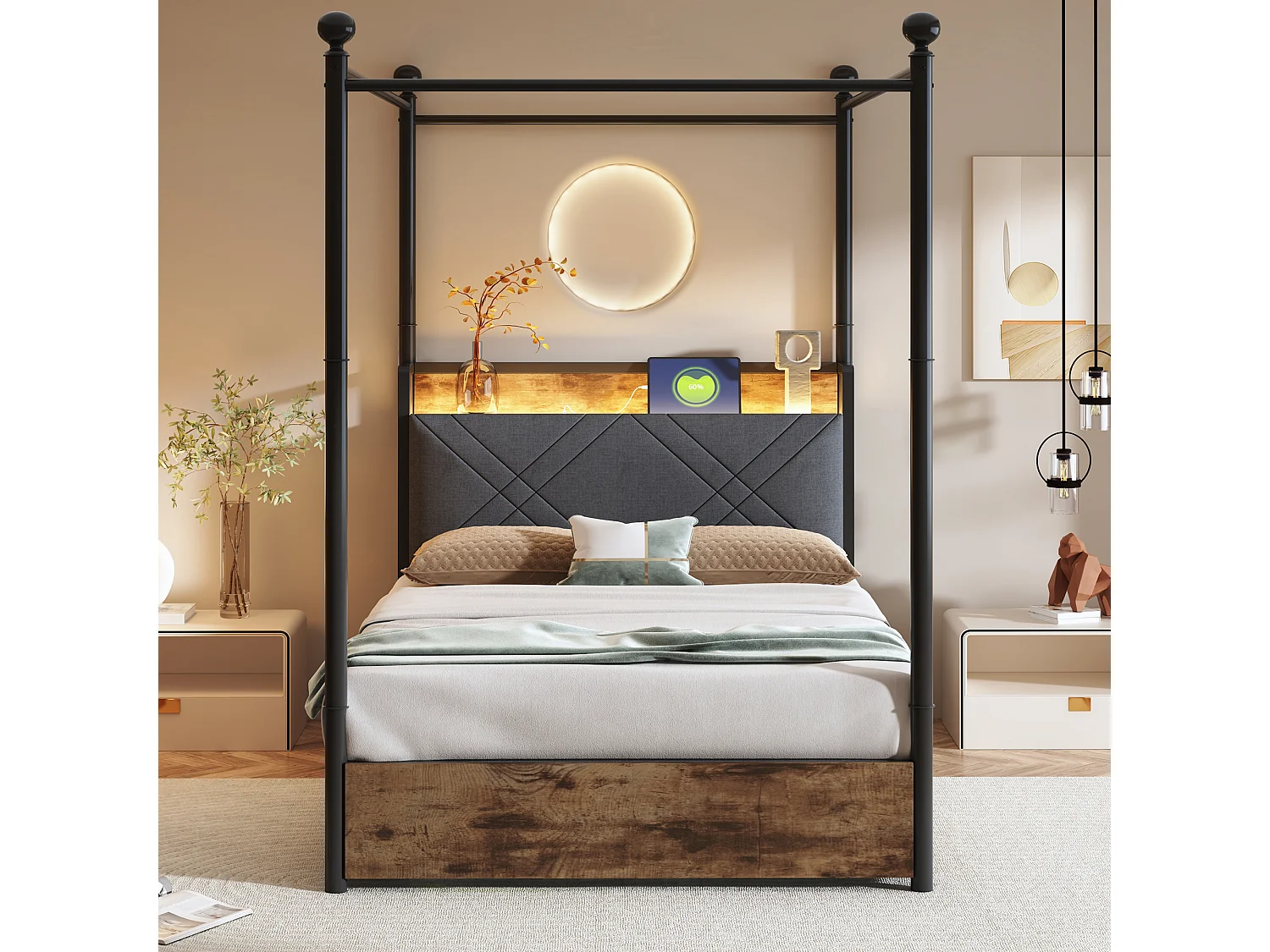 Lit à baldaquin 90x190 en métal noir avec 2 tiroirs LED et USB Type-C