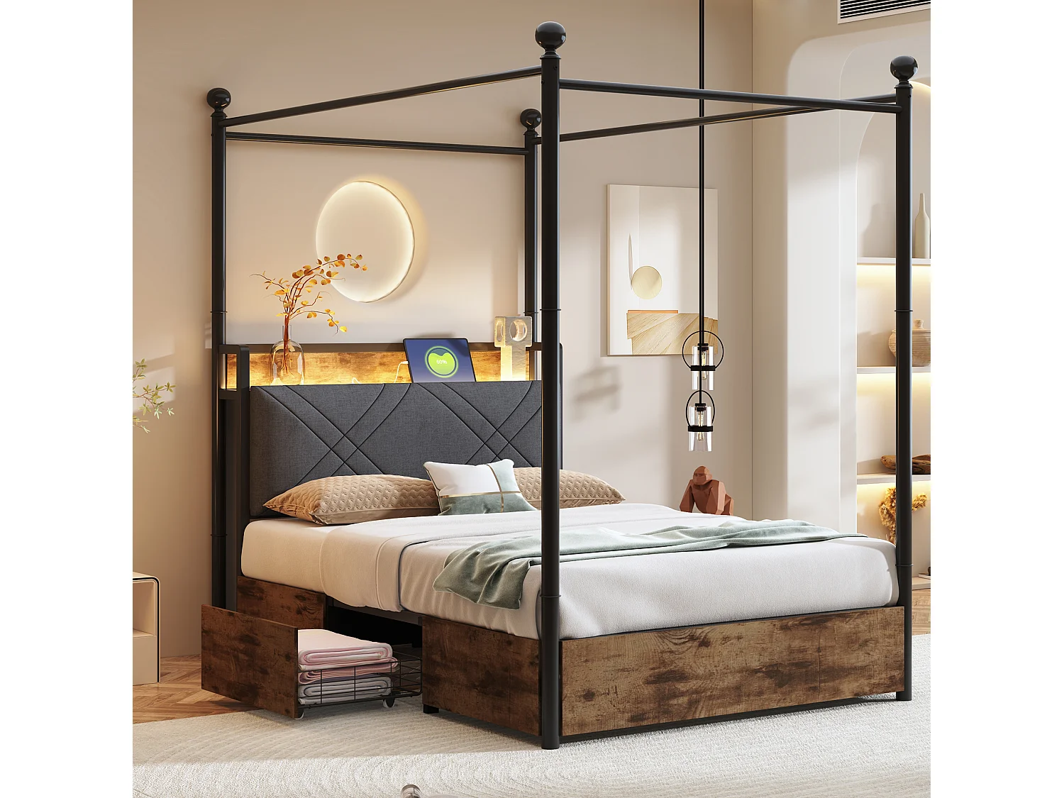 Lit à baldaquin 90x190 en métal noir avec 2 tiroirs LED et USB Type-C
